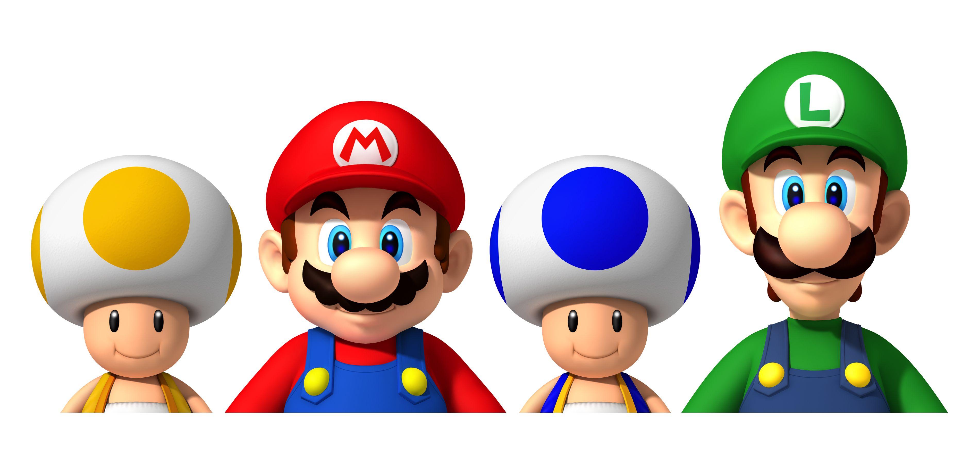 Yellow Toad, Mario, Blue Toad and Luigi. Super Mario World. Super