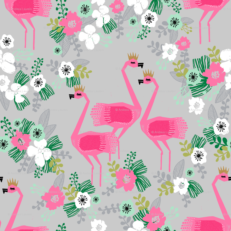 tropical flamingos // pink and grey tropical florals fabric floral