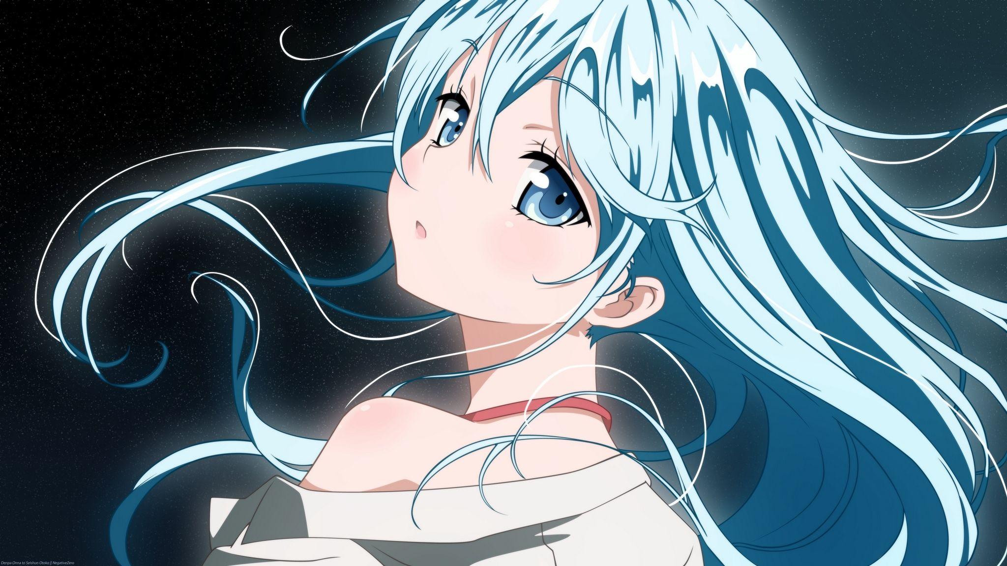Download wallpaper 2048x1152 anime, girl, hair, blue, eyes ultrawide