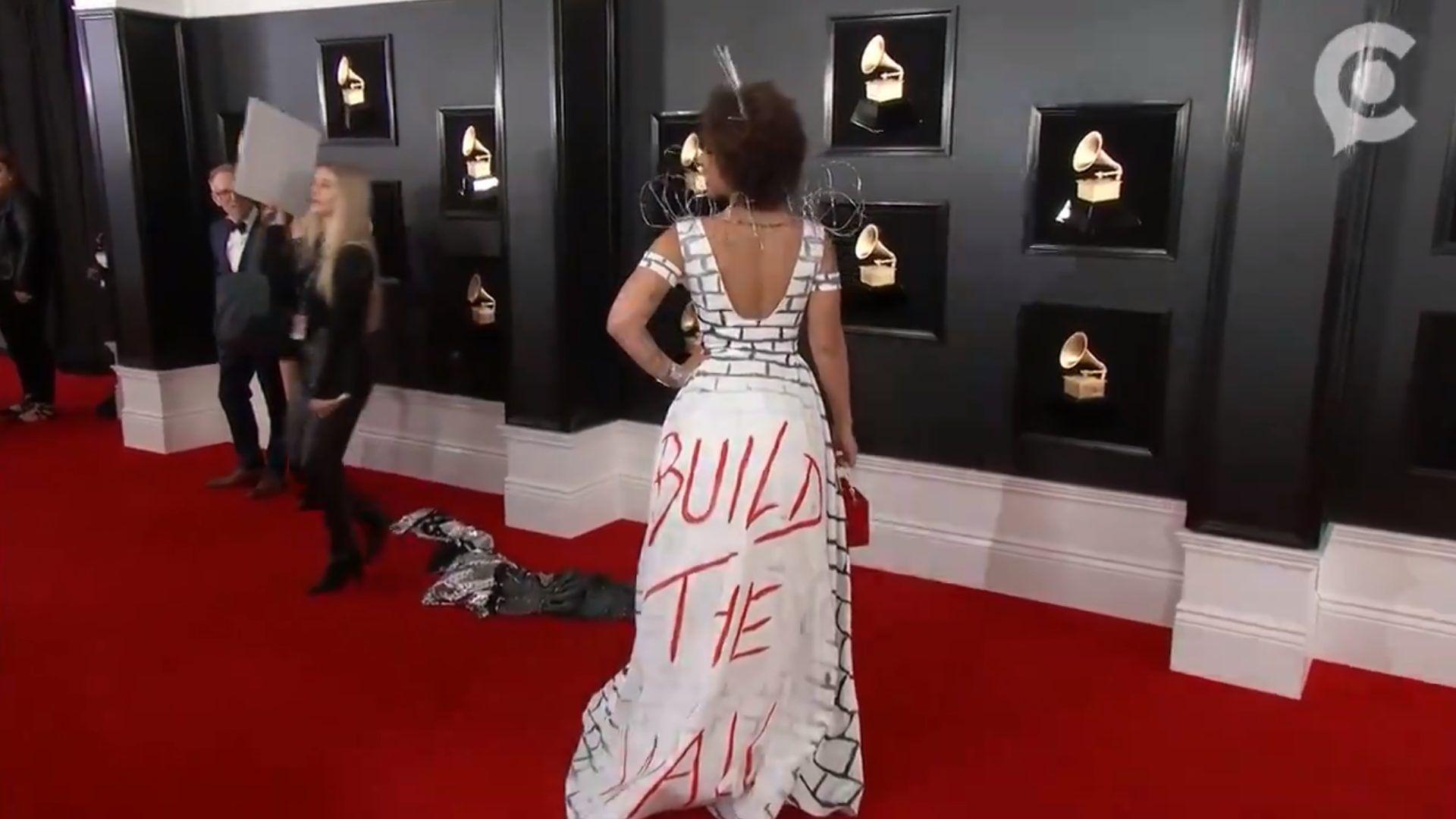 WATCH! Joy Villa stuns in 'Build The Wall' dress at the Grammys