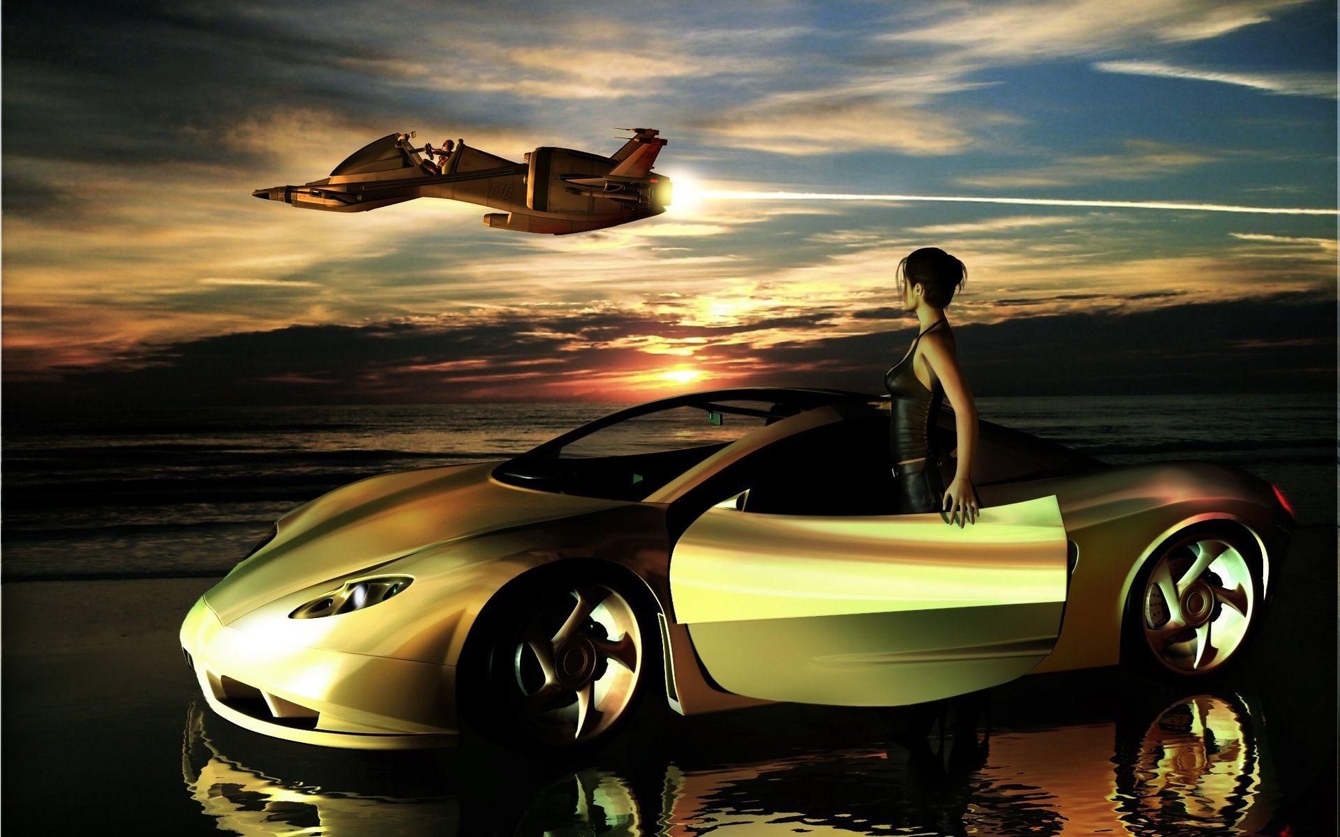 Creative Illustrations Car And Jet Plane Wallpaper. HD Wallpaper