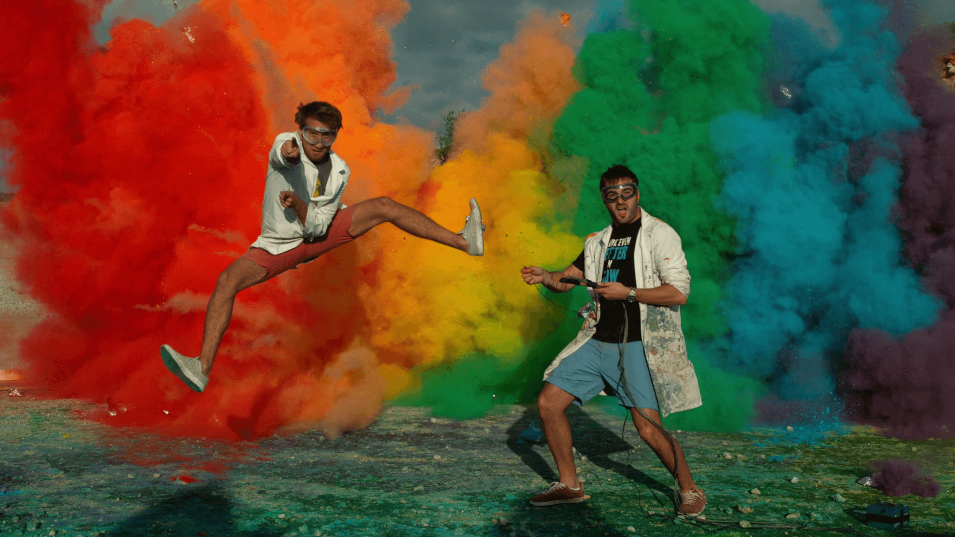The Slow Mo Guys in 25 Airbag Rainbow Explosion [1920x1080]