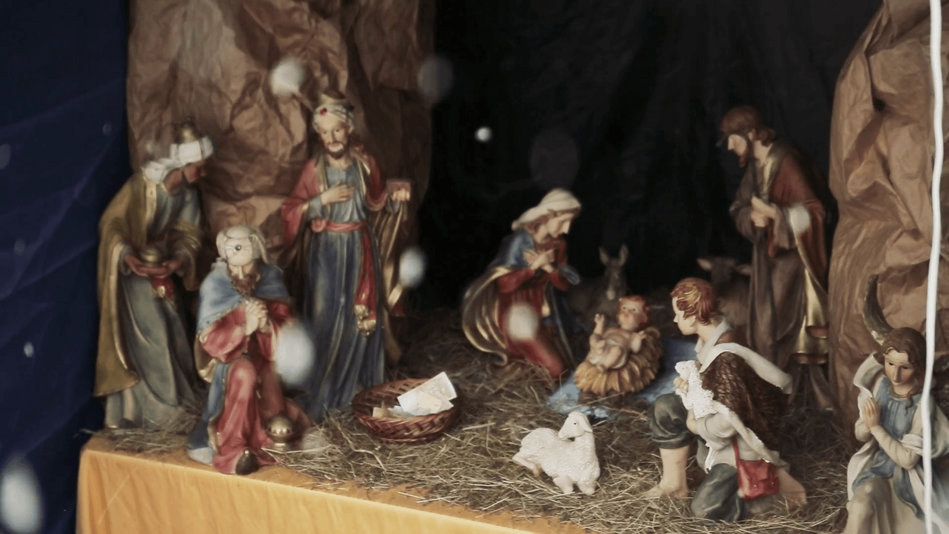 Christmas nativity scene with Mary, Joseph, baby Jesus, and animals