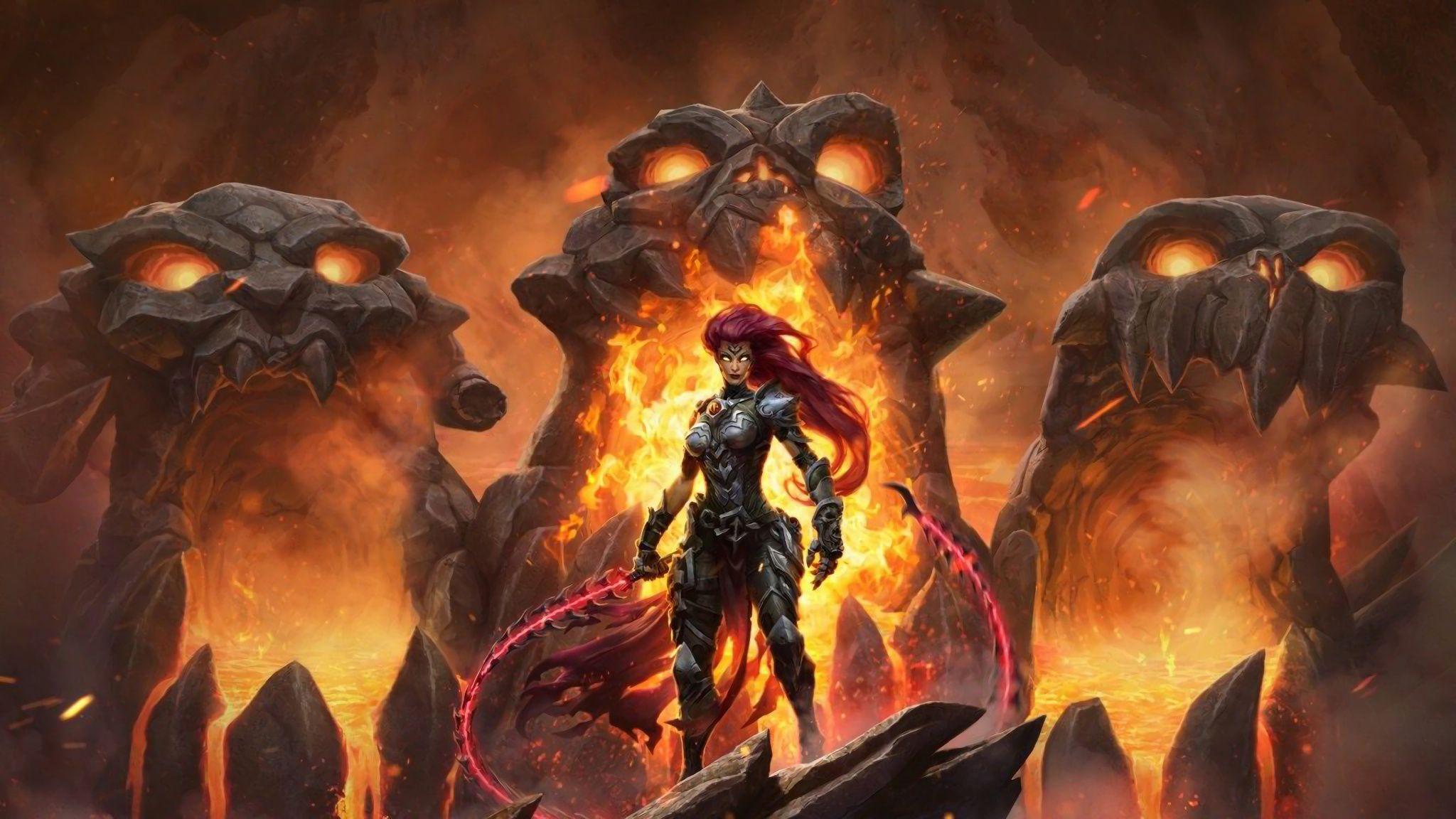 Download 2048x1152 wallpaper darksiders iii, girl warrior, redhead