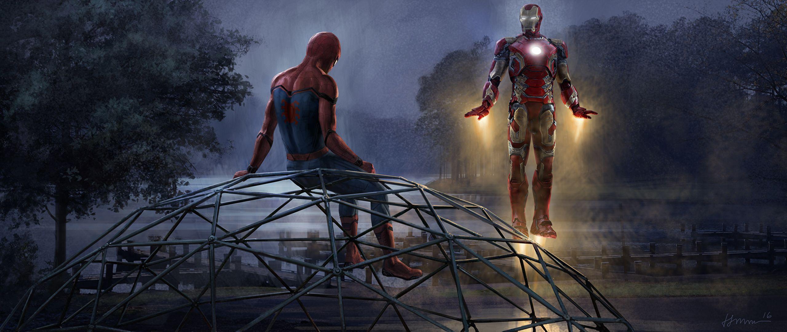 Wallpaper Spider Man: Homecoming Heroes Comics Iron Man 2560x1080