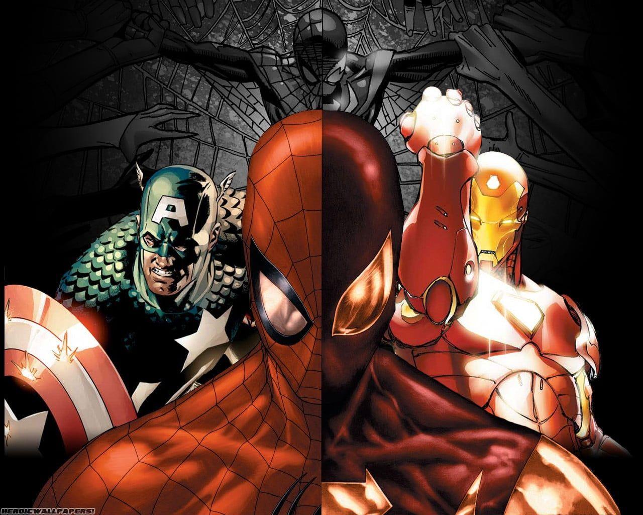 Captain America, Iron Man, Spider Man Illustration HD Wallpaper