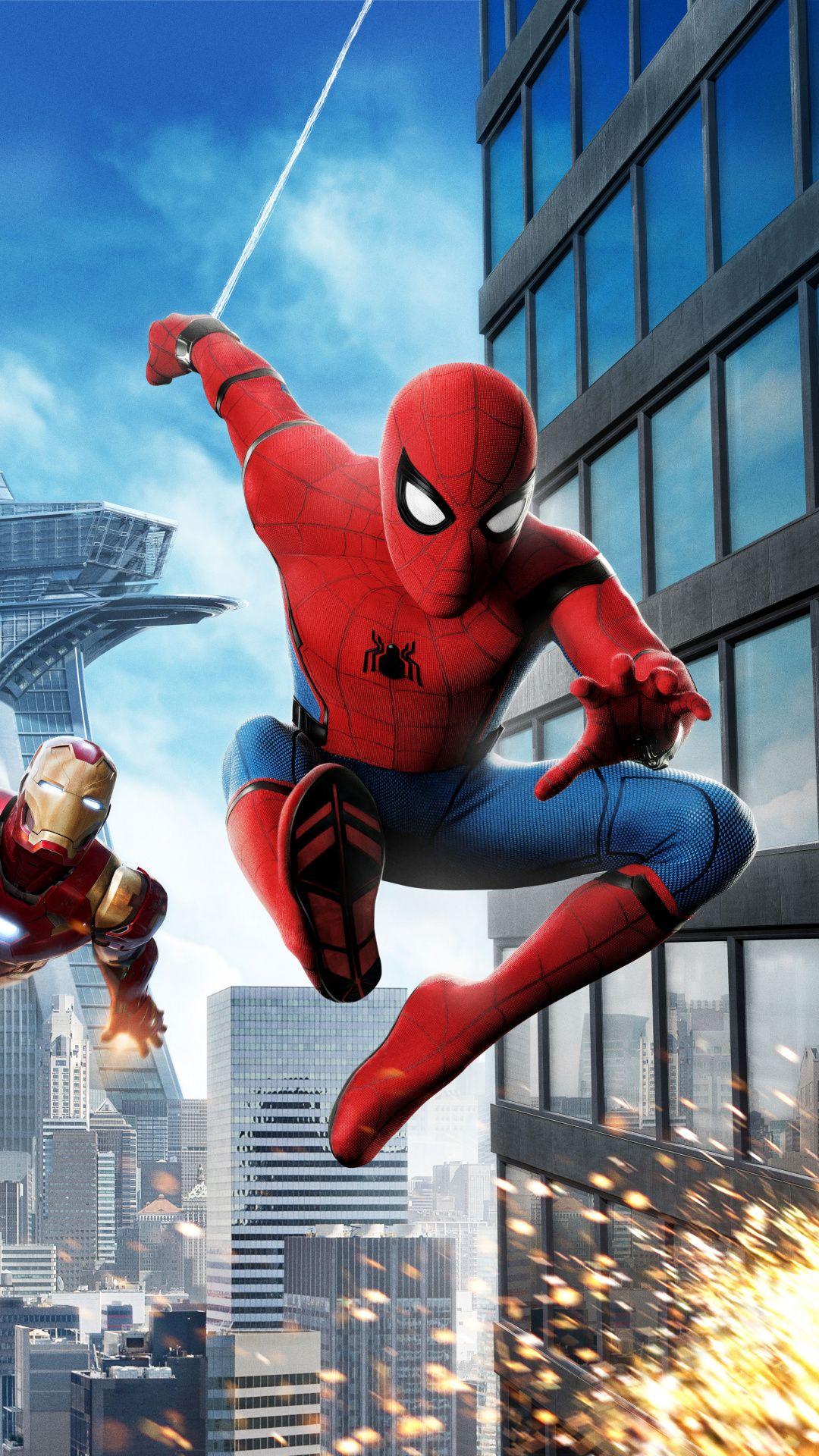 Download 1080x1920 Wallpaper Iron Man, City, Spider Man Homecoming