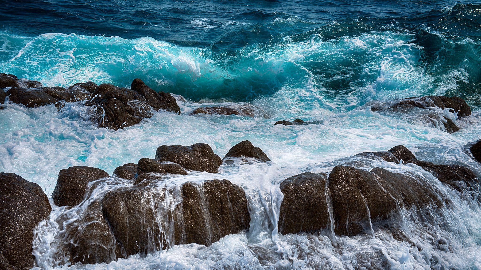 Photos Sea Nature Waves Water Stones 2048x1152