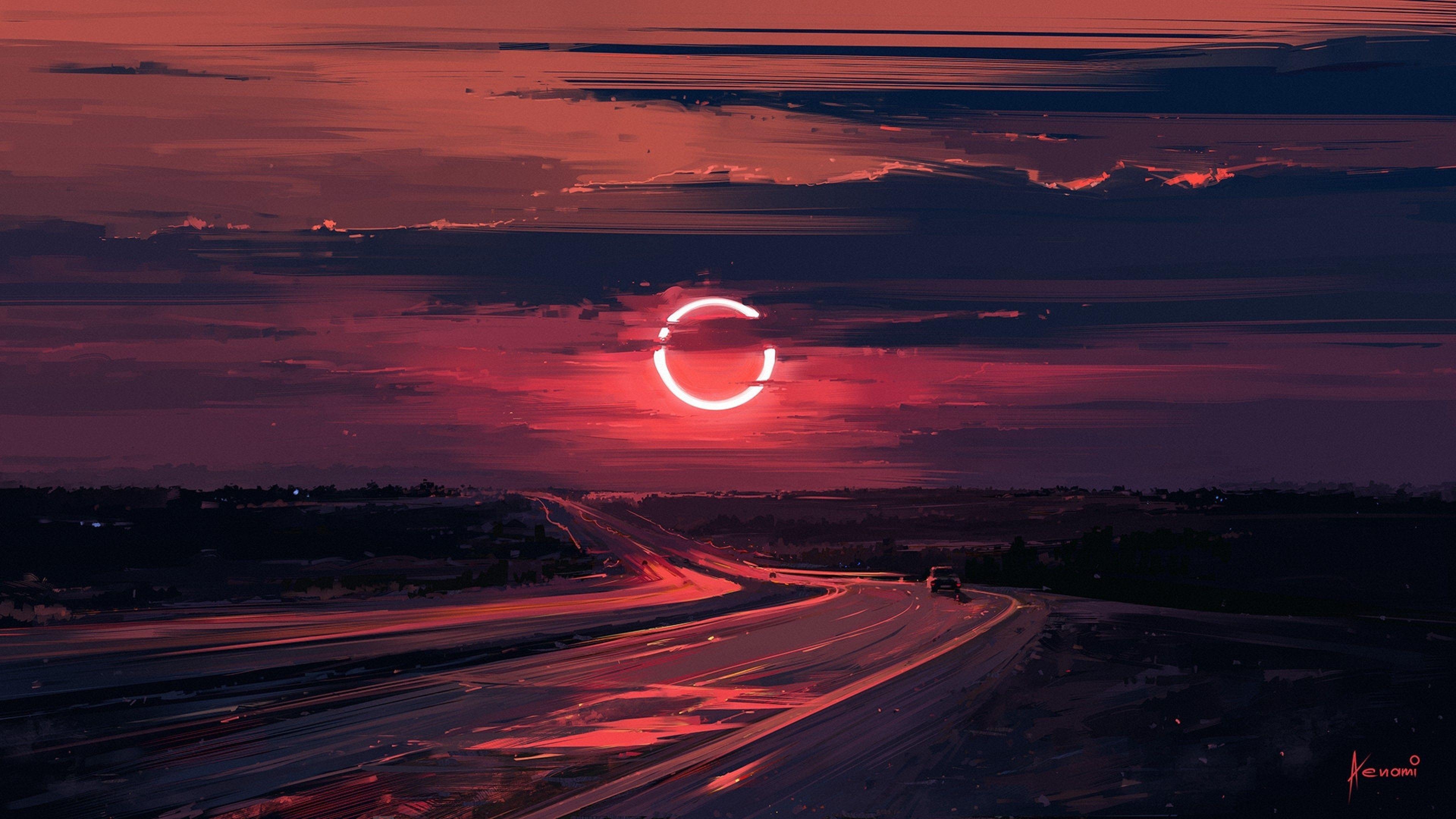 Download 3840x2160 Eclipse, Red Moon, Painting, Road Wallpaper