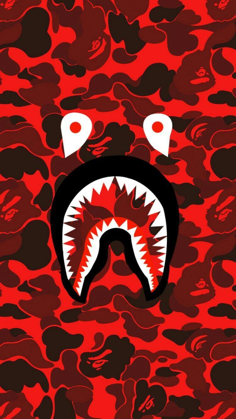 Bape shark face red camo. Phone wallpaper. Hypebeast