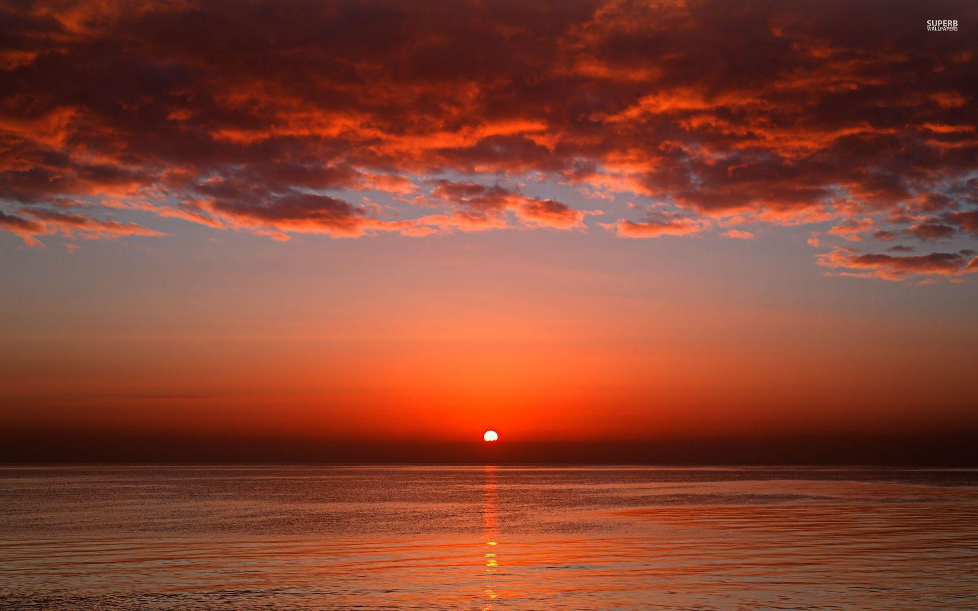 Red Sunset Ocean & Red Clouds wallpaper. Red Sunset Ocean & Red
