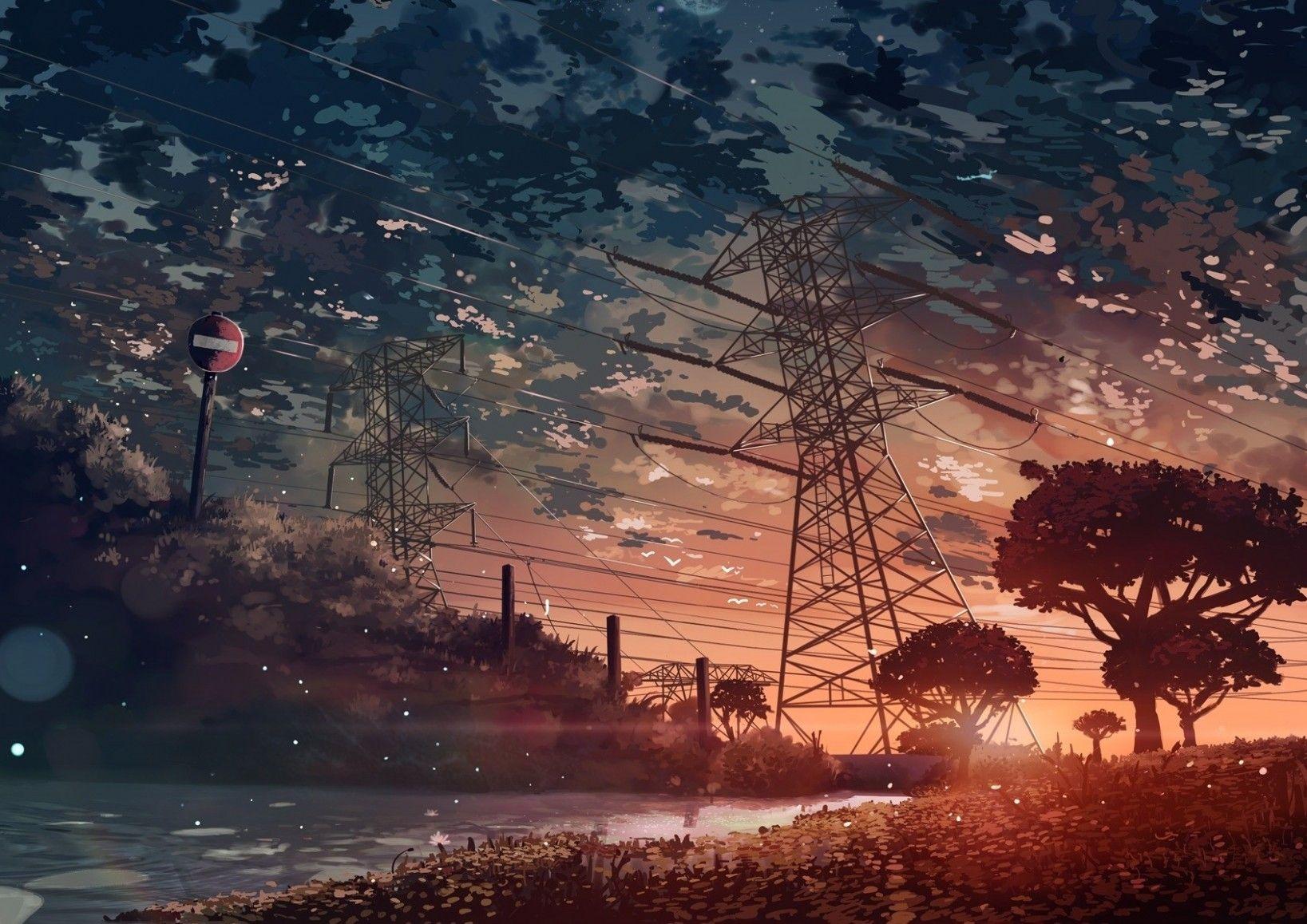 Download 1637x1158 Anime Landscape, Scenic, Stream, Sky, Clouds
