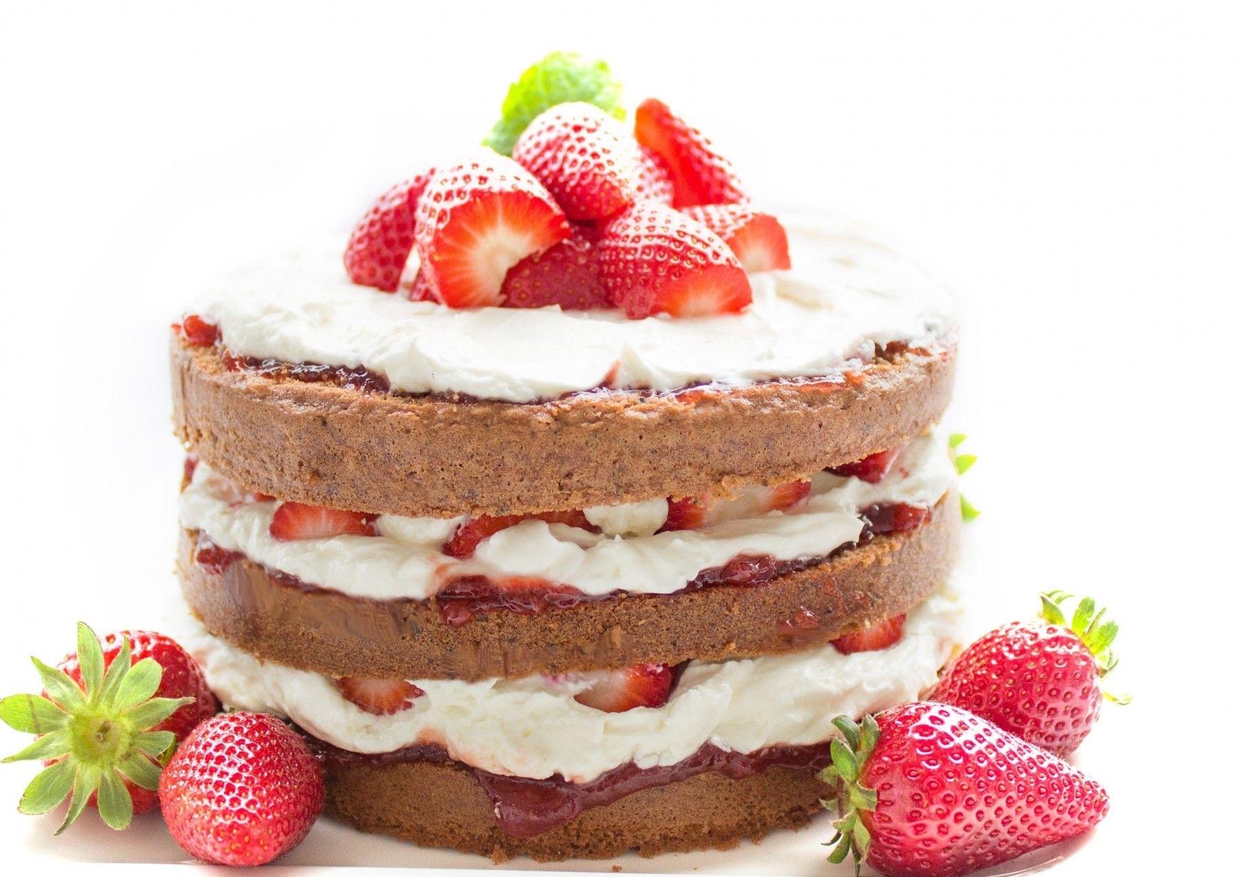 Download 1800x1272 Cake, Strawberries, Cream, Fruits, Dessert