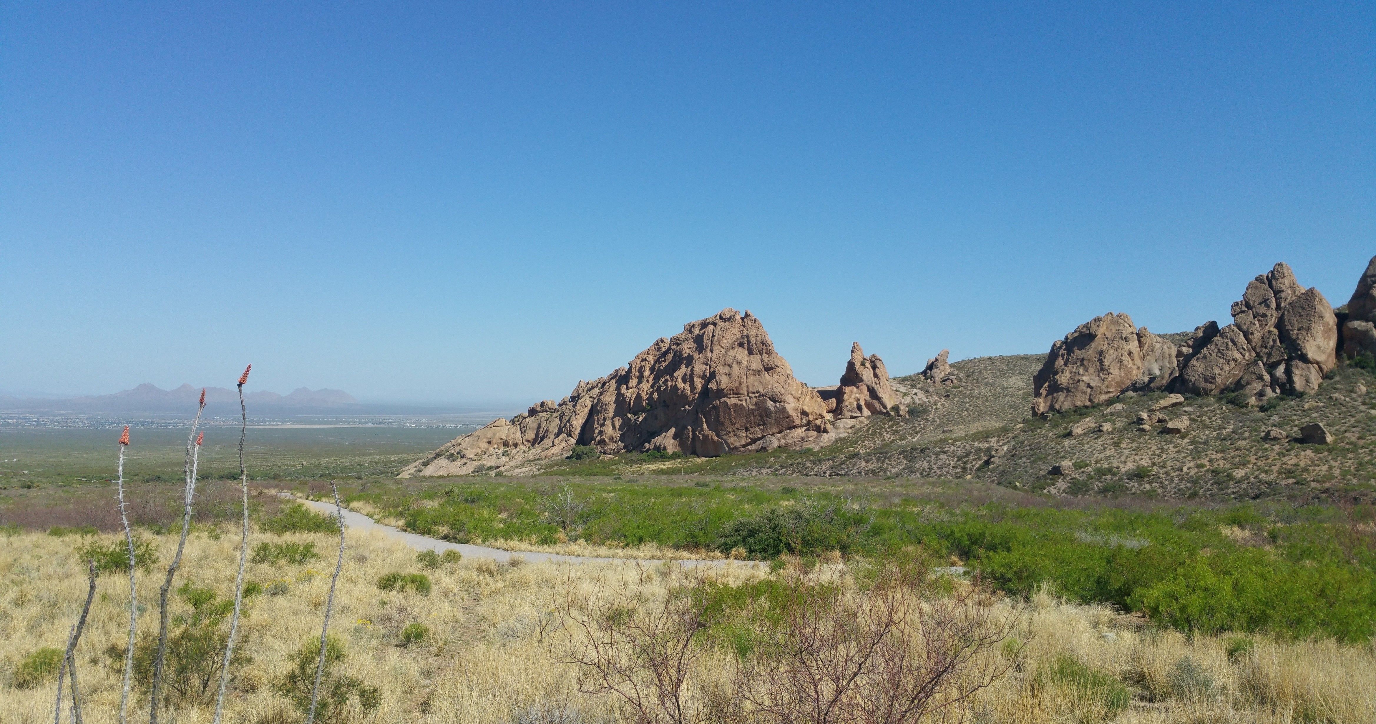 Download 4675x2462 New Mexico, Clean Sky, Rocks, Plants, Grass