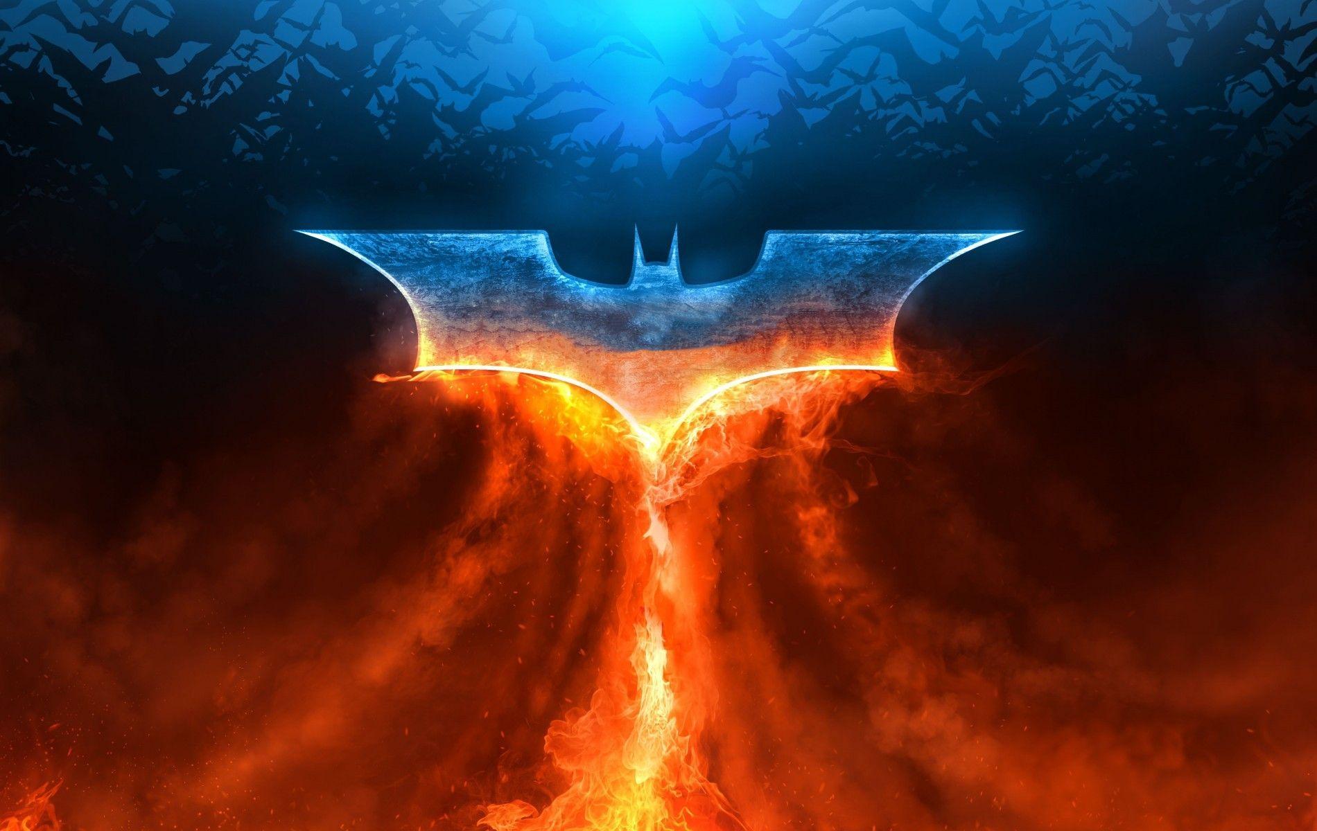 Download 1900x1200 Batman, Fiery Logo, Digital Art, Flames, Smoke
