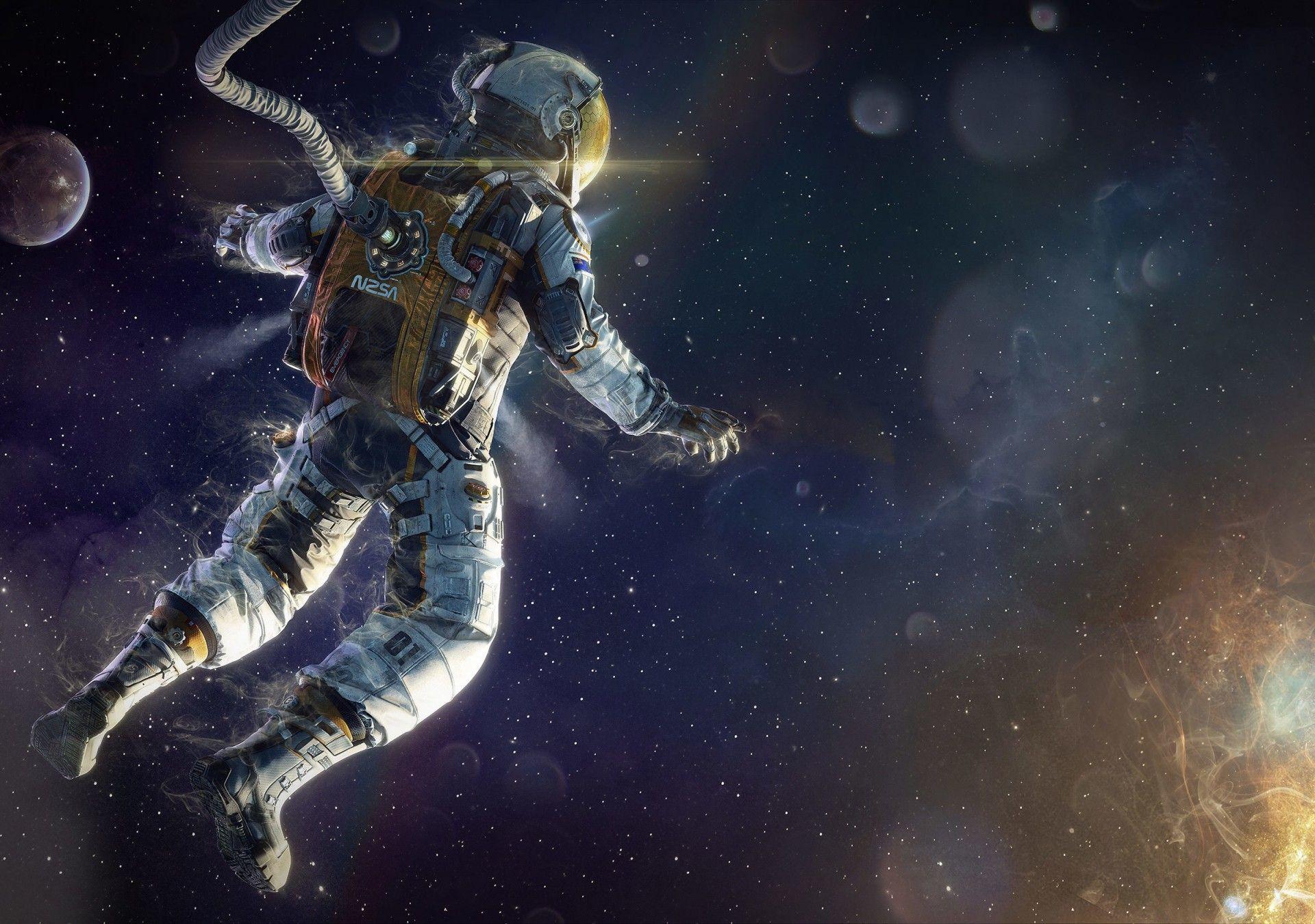 Download 1920x1349 Astronaut, Falling Down, Sci Fi, Stars, Fire