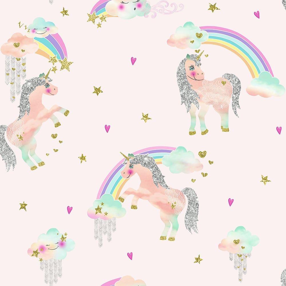 Arthouse Rainbow Unicorn Pattern Childrens Wallpaper Glitter Pony