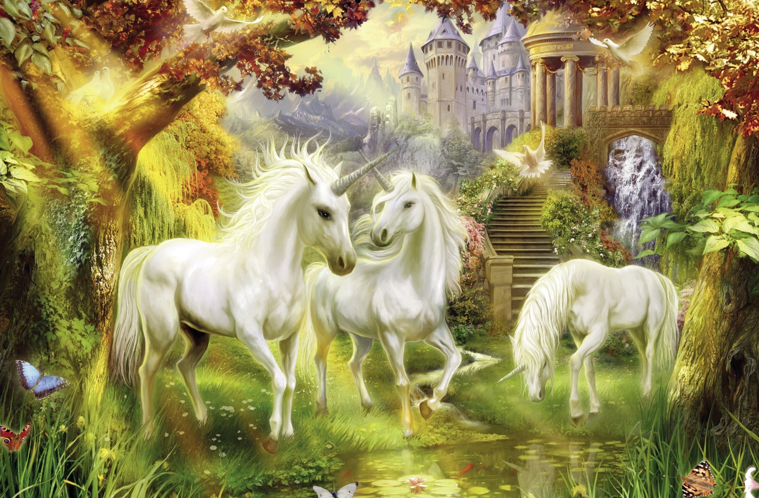 Download 3200x2098 Unicorns, Horn, Fantasy Creatures, Castle