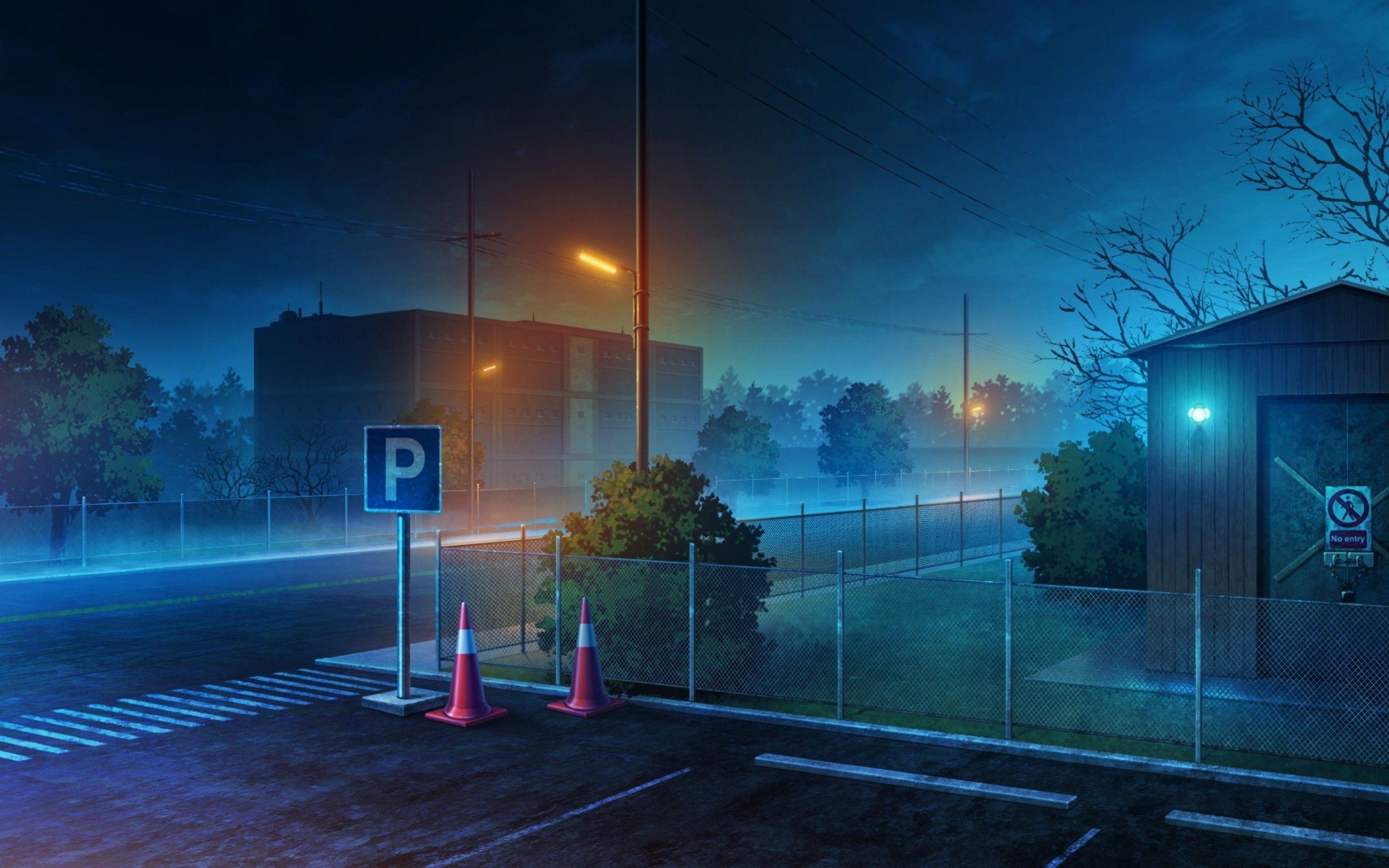 Download 2880x1800 Anime Landscape, Night, Scenic, Buildings, Lights