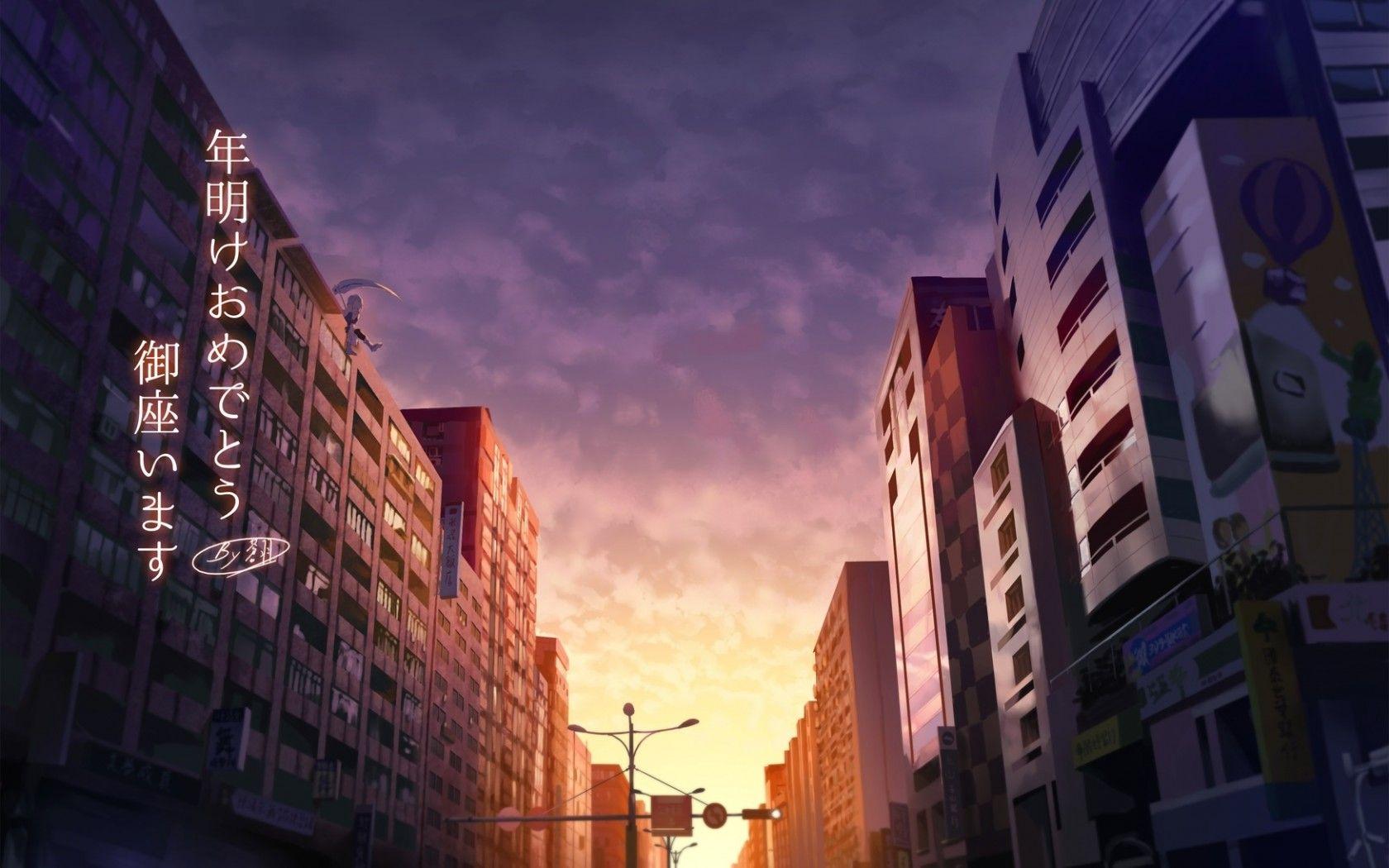 Download 1680x1050 Anime City, Sunset, Girl With Scythe, Buildings