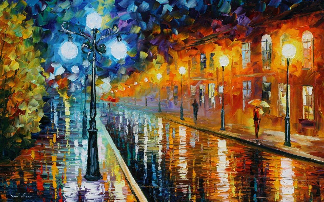 Download 1280x800 Painting, City, Lights, People, Houses, Street