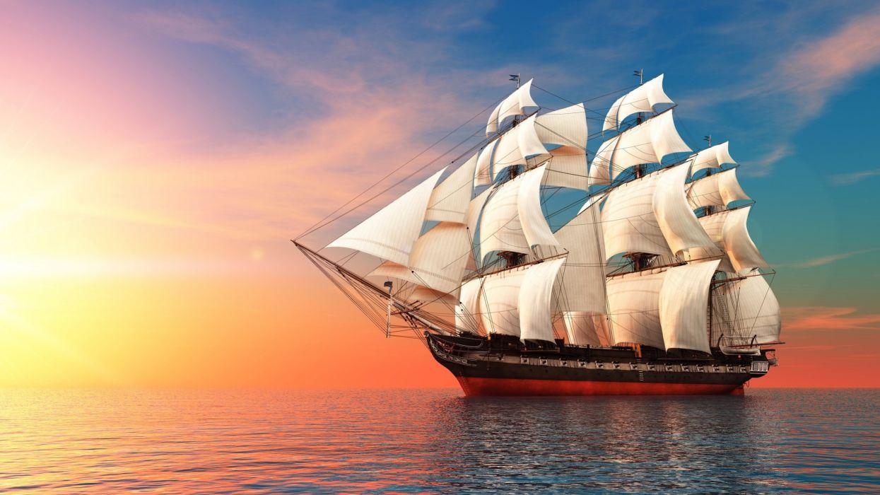 Sunset ocean sailing ship wallpaperx1440