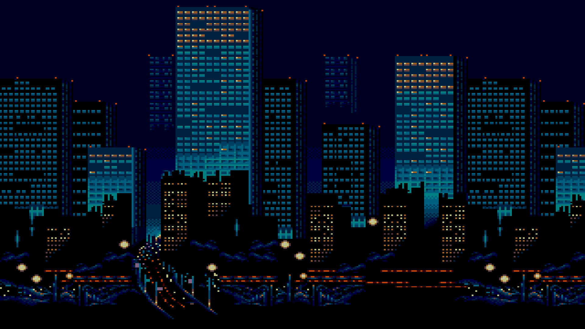 A city at night, pixel art edition. 1920 × 1080