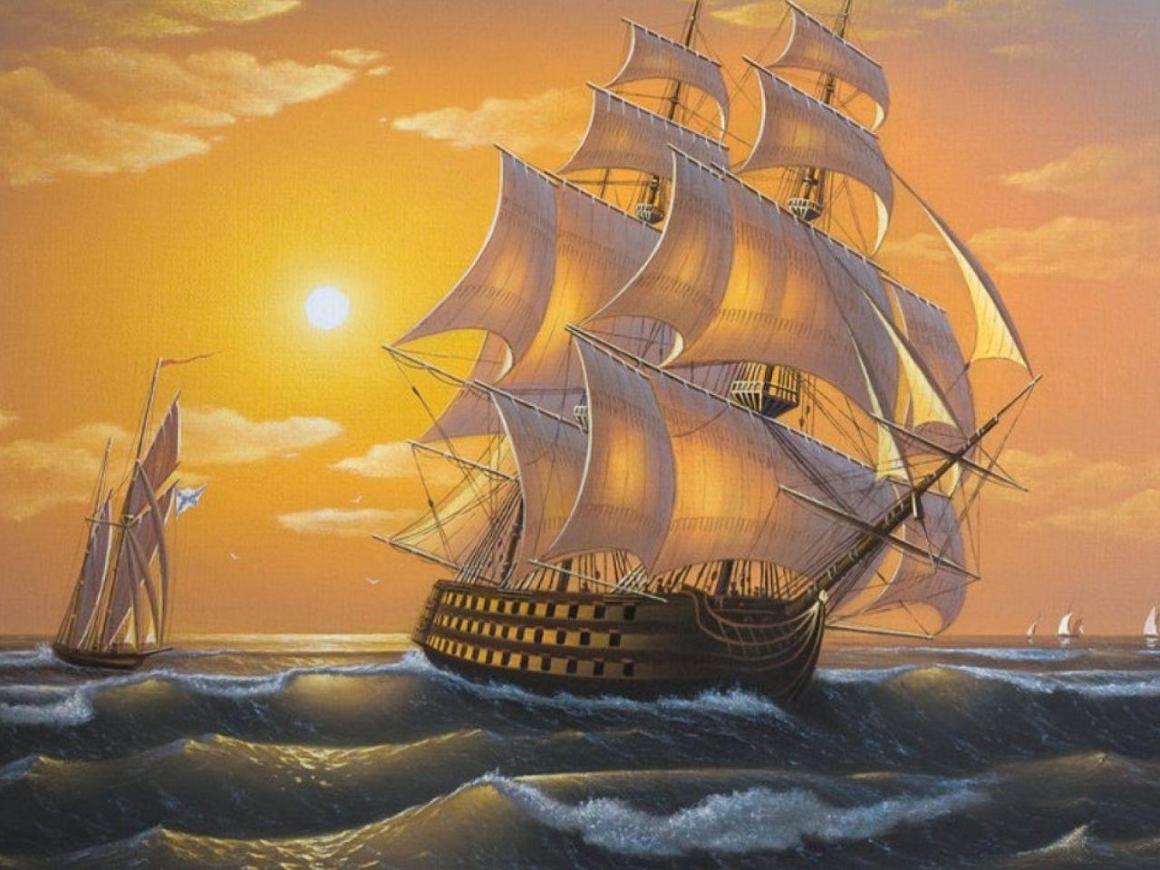 Ocean Sail Ships Orange Sun desktop PC and Mac wallpaper