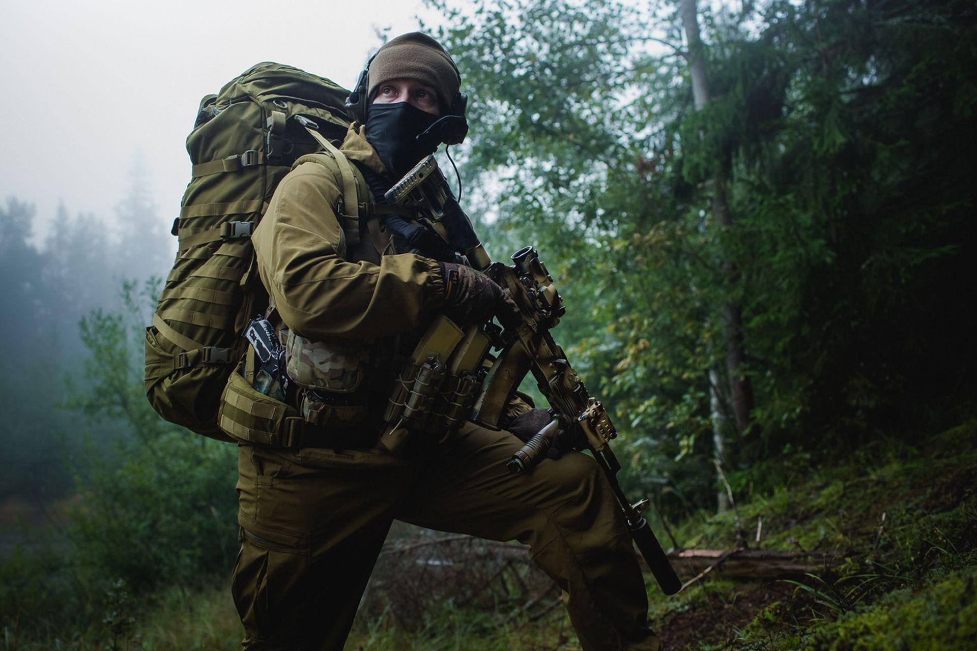 Soldiers outdoors weapons suppressor kalashnikov elcan optical