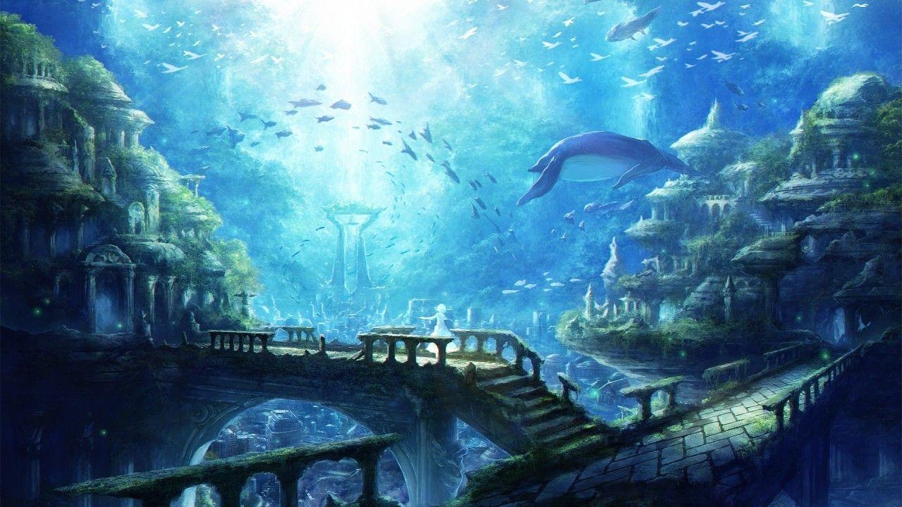 Download 1280x720 Underwater City, Ruins, Fishes Wallpaper