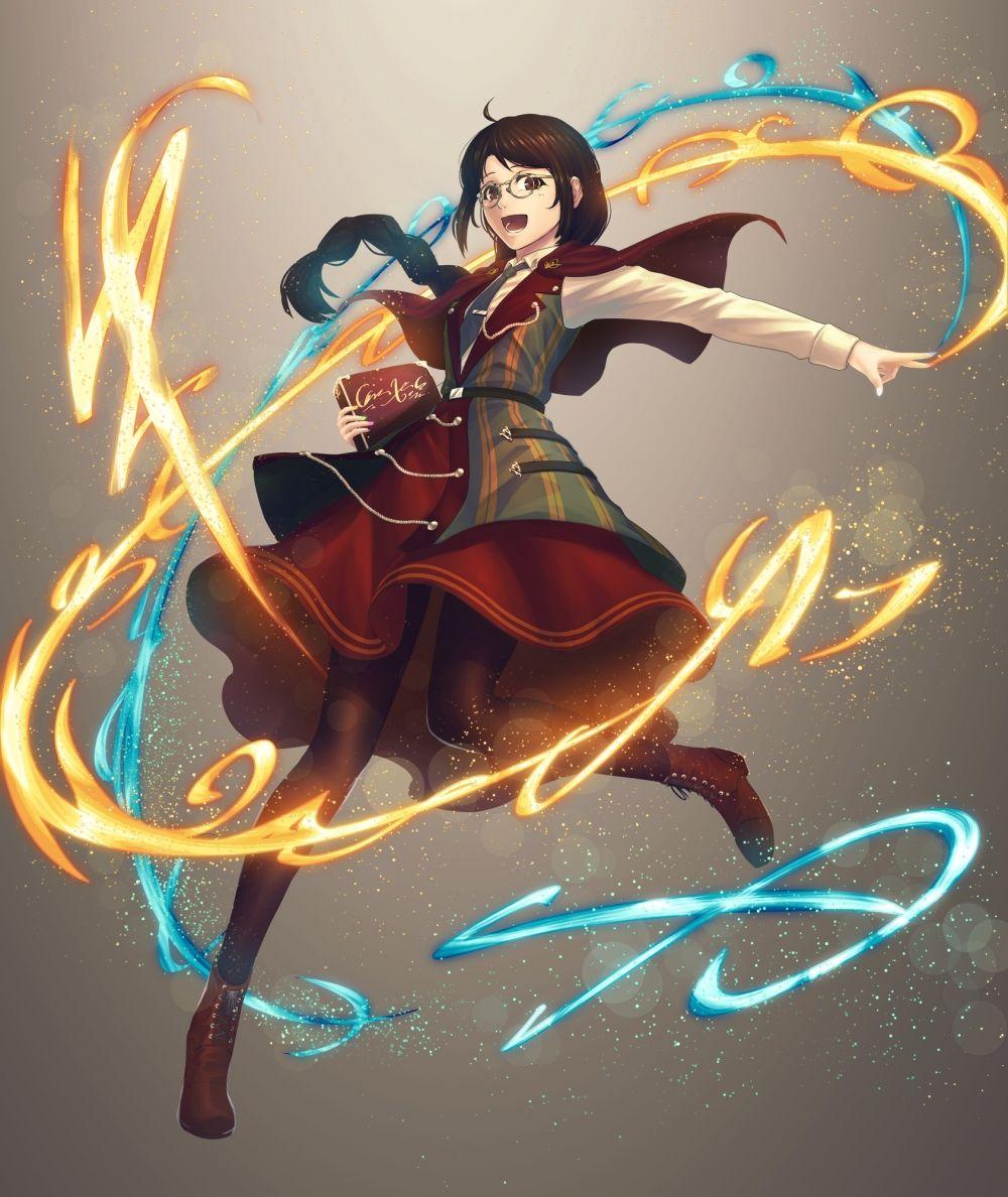 Wallpaper Anime Girl, Wizard, Spell Book, Fire, Water, Dress