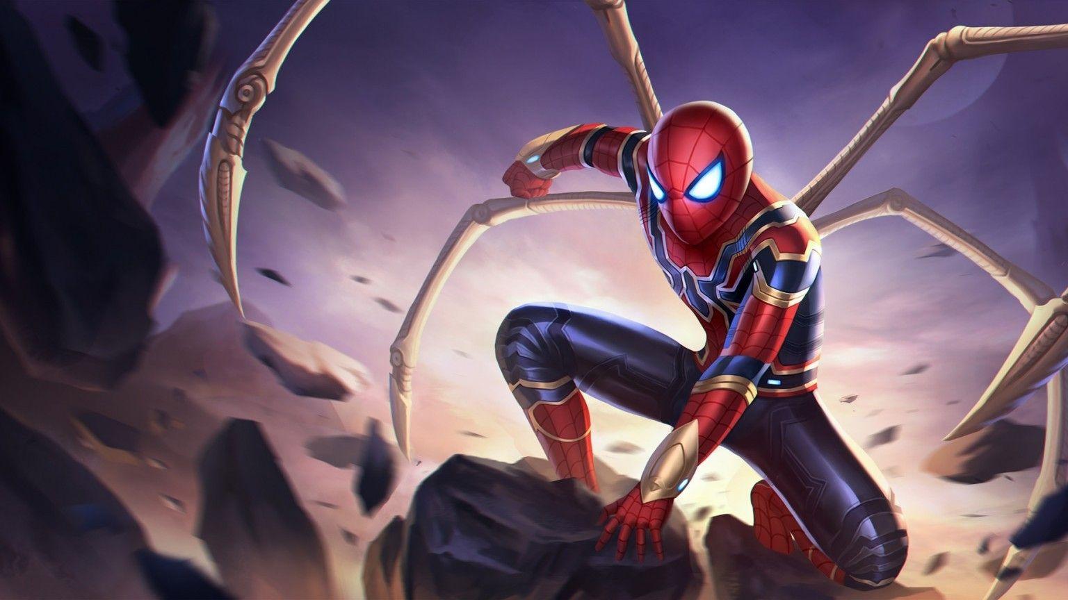 Download 1536x864 Spider Man, Rocks, Iron Spider Armor Wallpaper