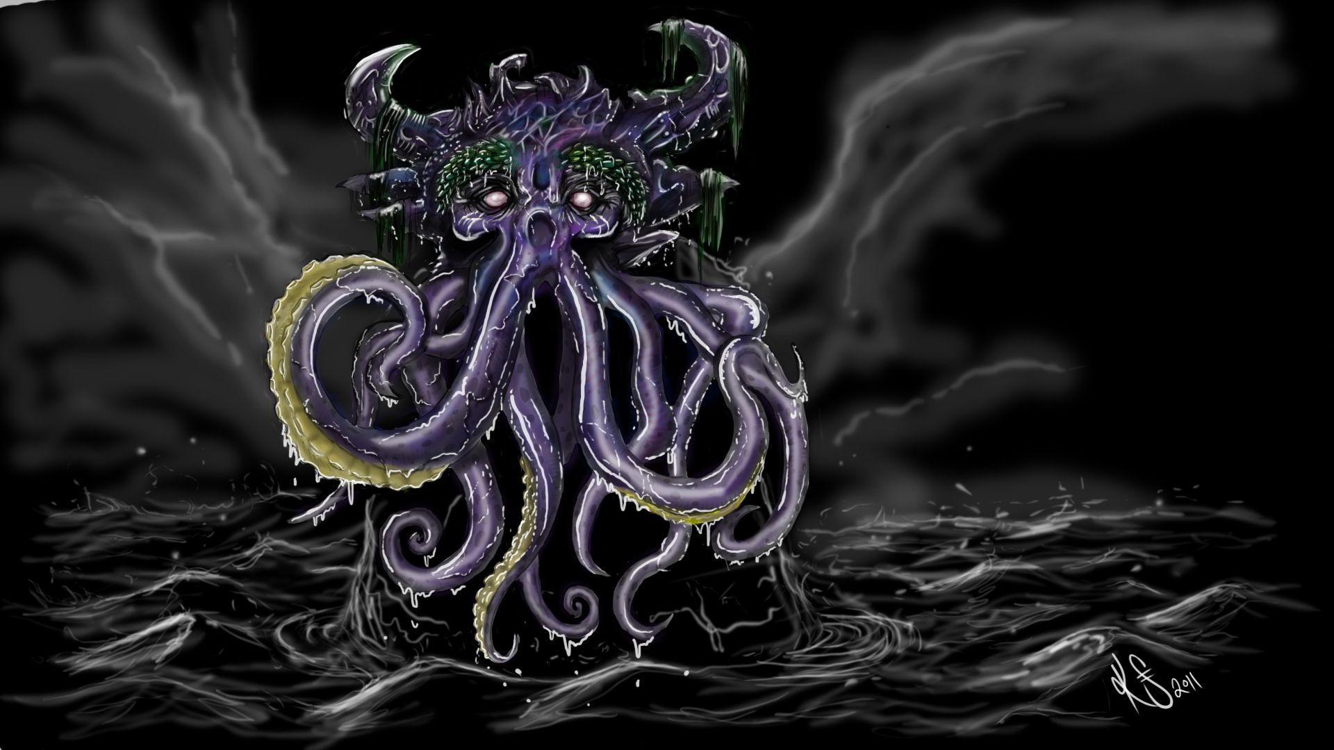 sea, clouds, octopus, art, monster, ocean, background, creature
