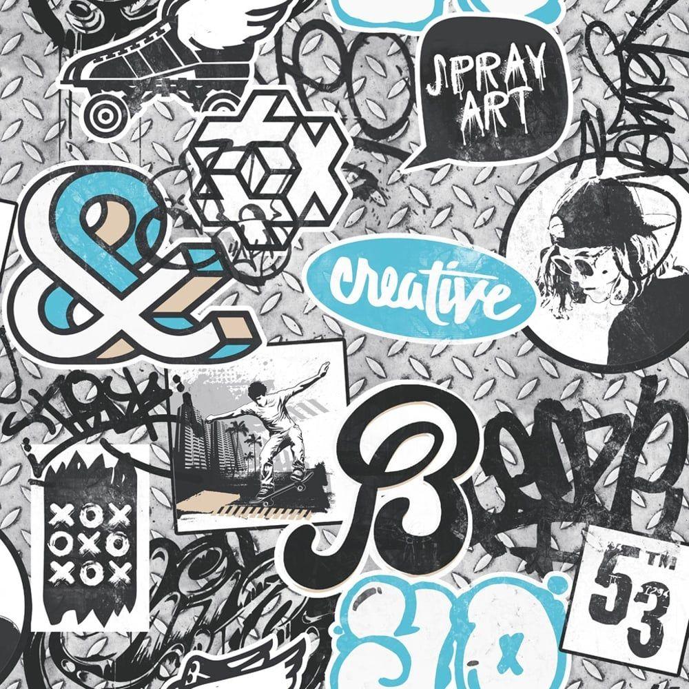 Muriva Scrap Metal Graffiti Pattern Wallpaper Skater Iron Paint