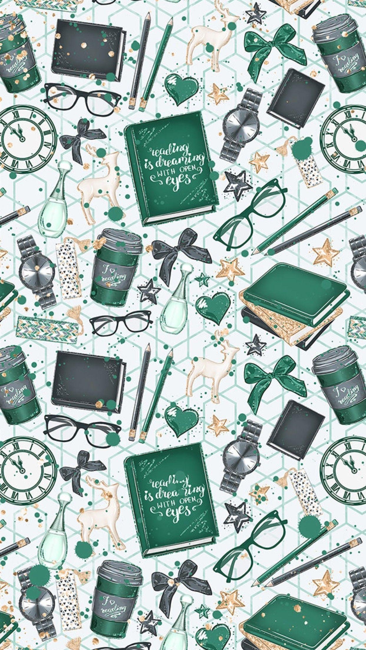 cute. green. books. wallpaper #wallpaperwallpapercute (wallpaper wallpaper cute). Wallpaper iphone, Papan kapur, Seni doodle