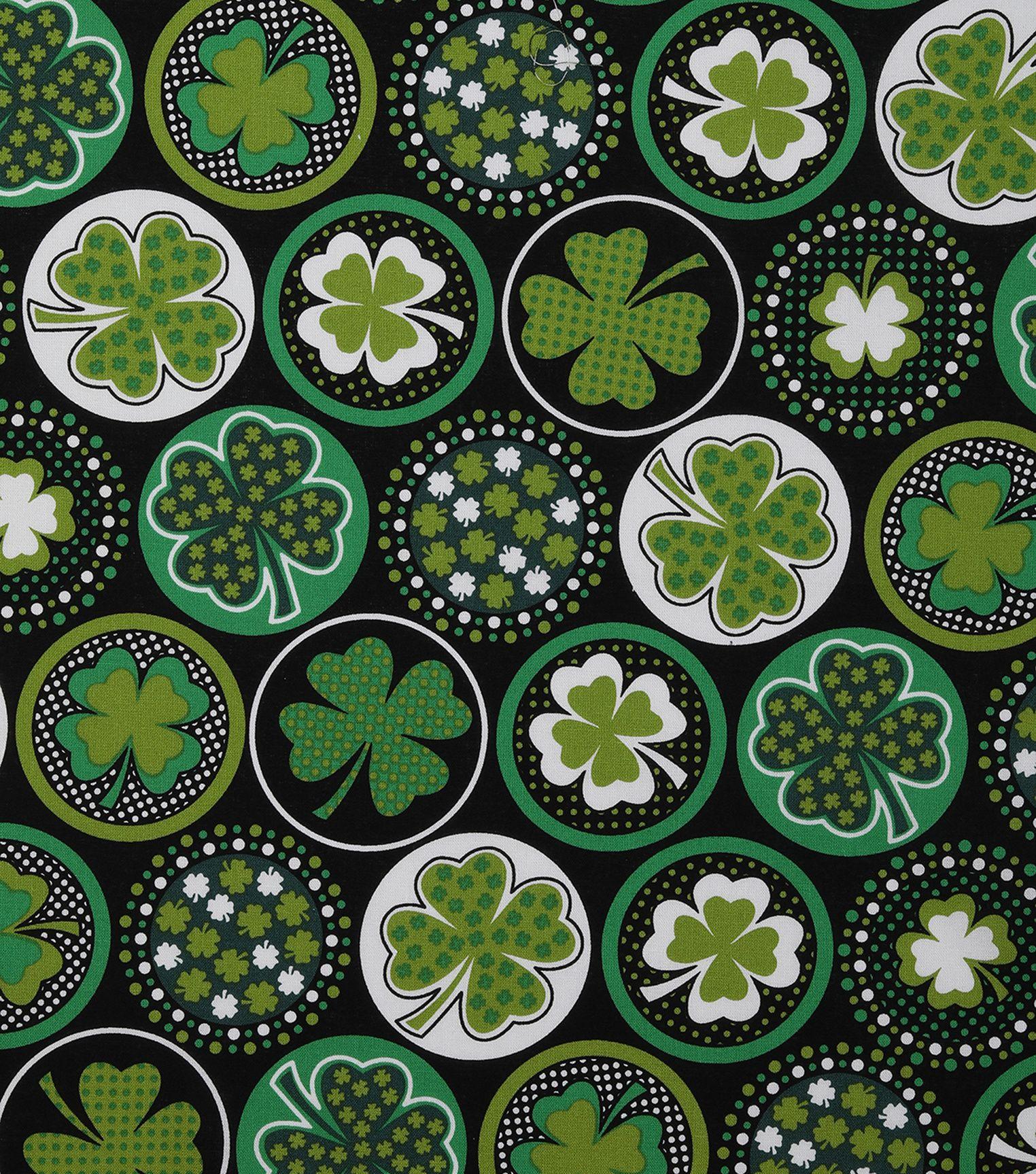 St. Pat's Print Fabric Shamrocks W Dots Black