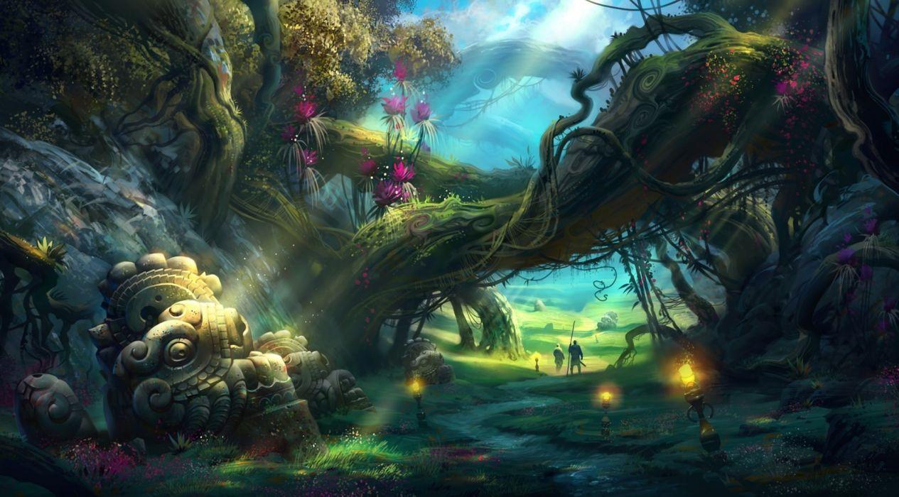 Adventure fantasy art landscapes path trail people flowers lamps