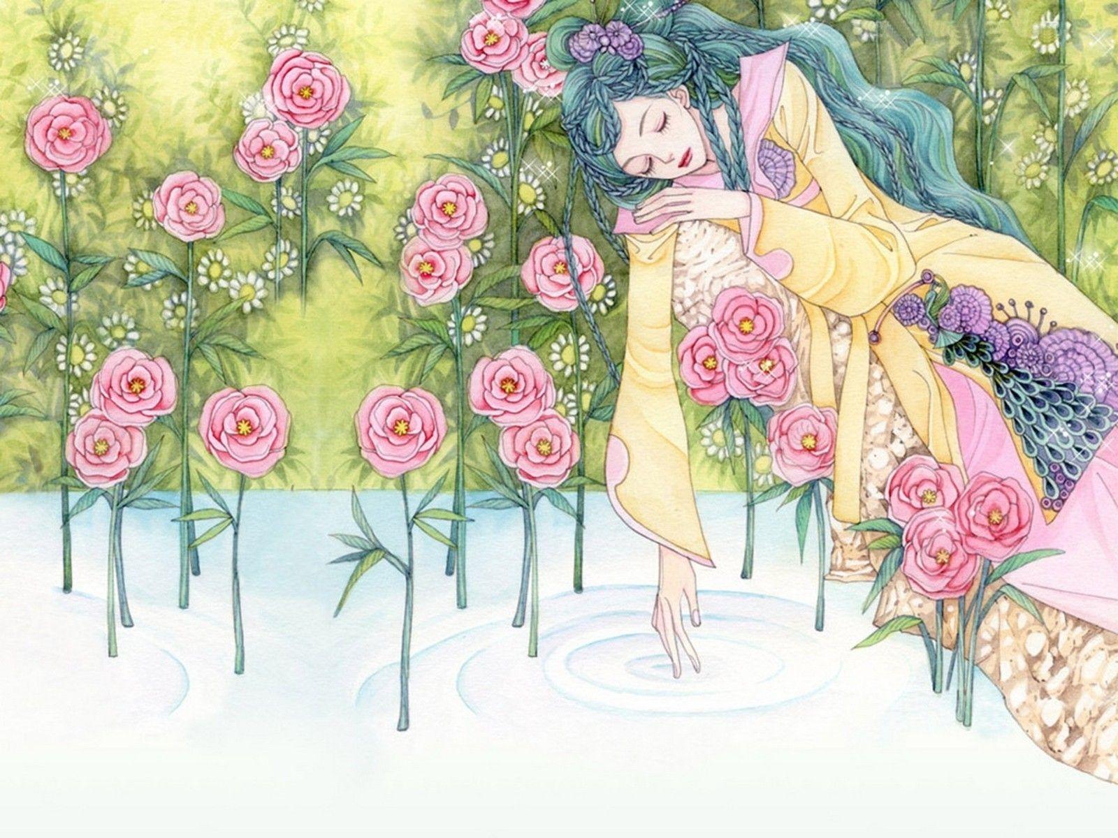 Romantic Girl and Water Drawing Wallpaper