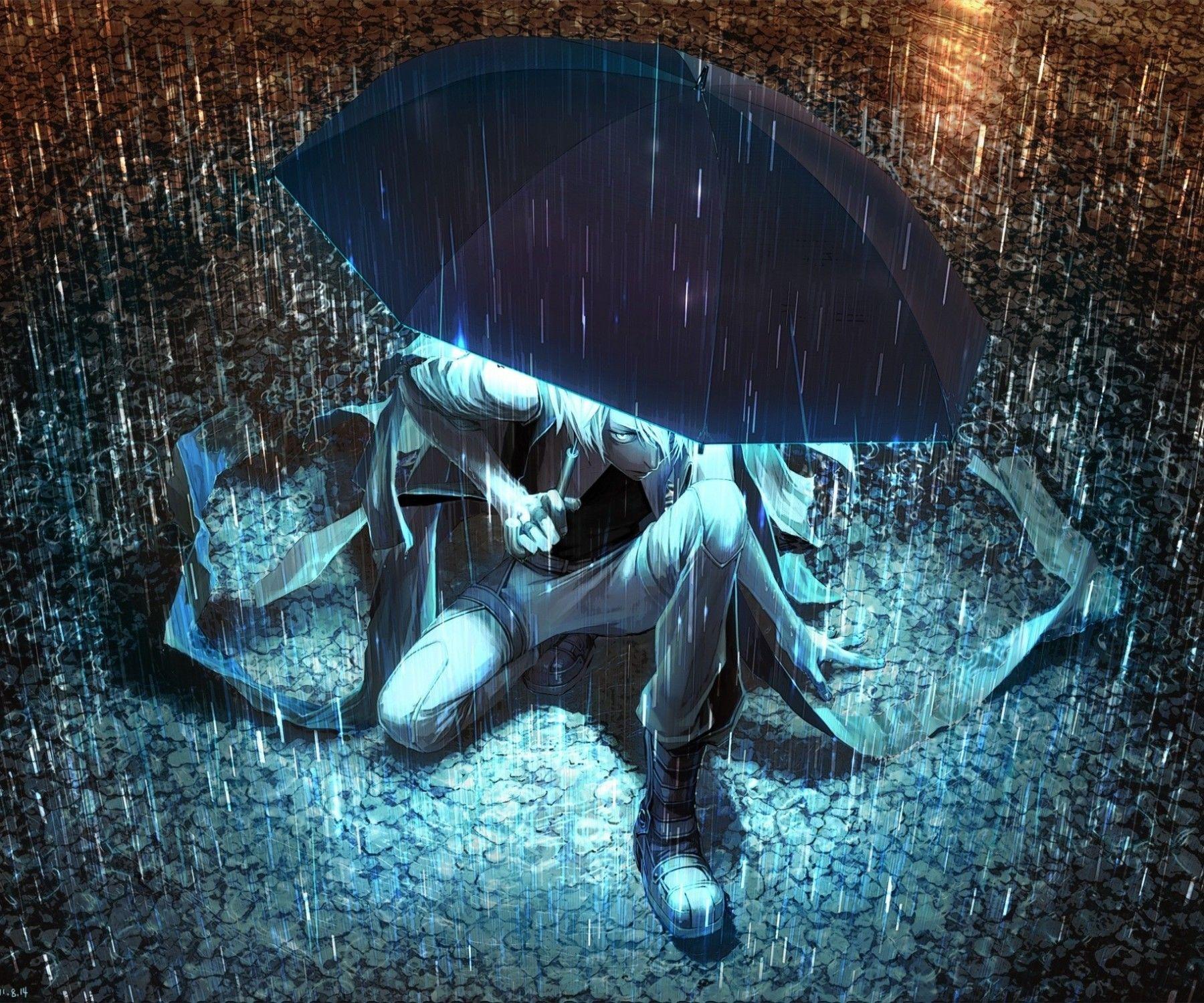 Download 1800x1500 Anime Boy, Rainy, Umbrella, Angry Wallpaper