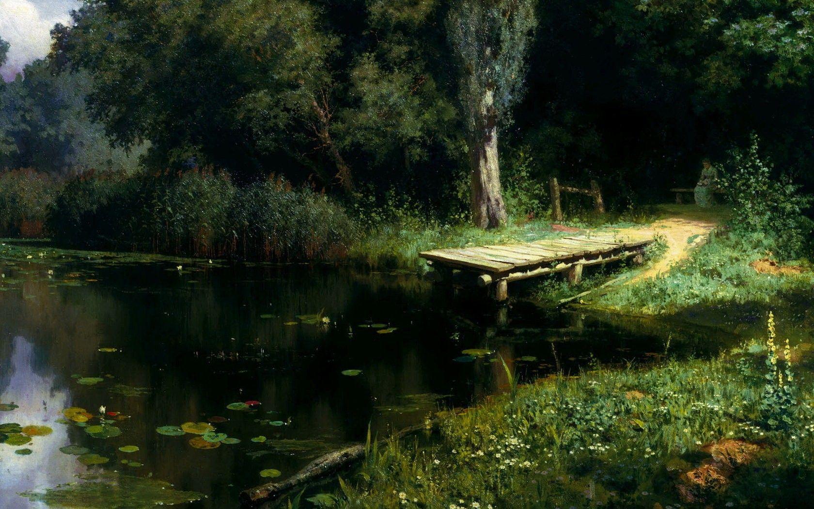 paintings, Piers, ponds, lakes, lily pads, Vasily Polenov wallpaper