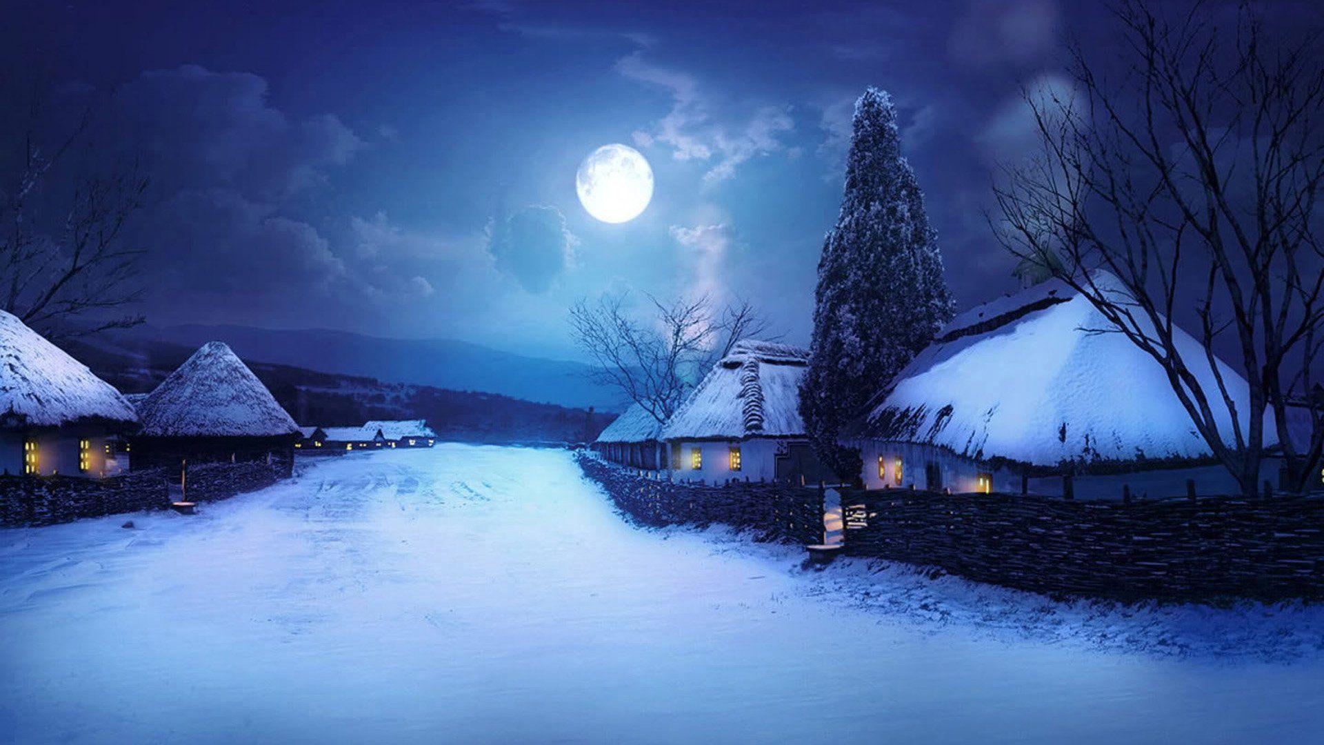 Full Moon Night in Winter Village HD Wallpaper. Background Image