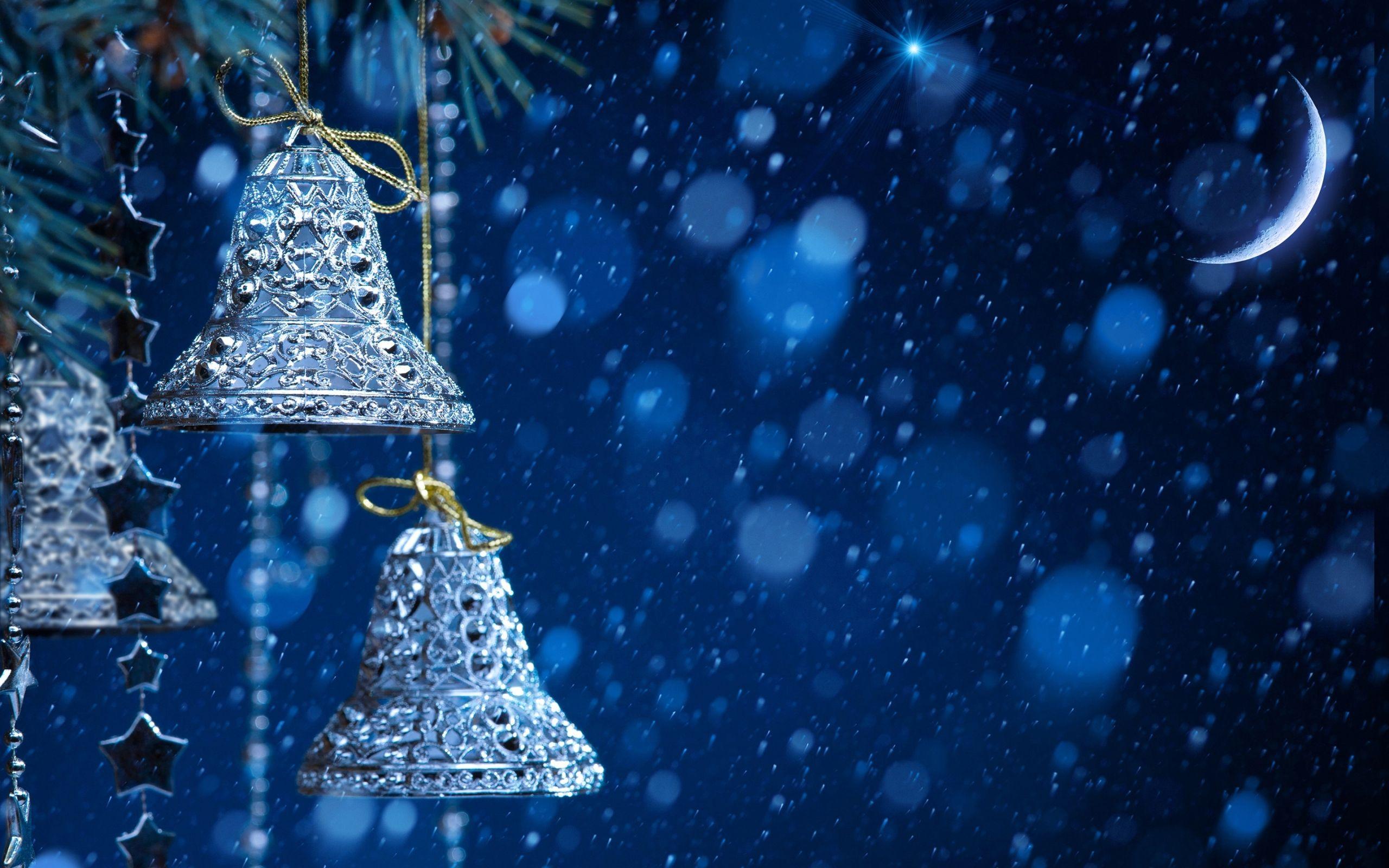 Winter Night, Christmas Bells, Snow, Moon widescreen