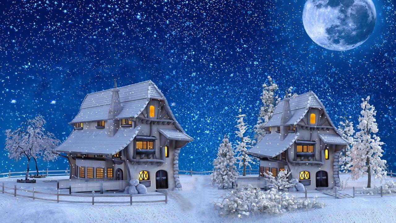 Download wallpaper 1280x720 houses, winter, snow, moon, toy hd, hdv