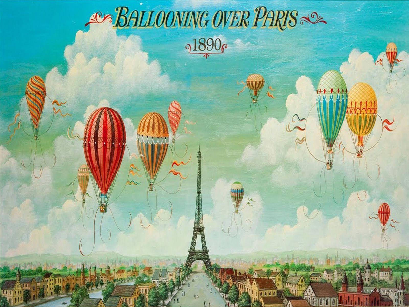 Vintage Paris Background. Ballooning Over Paris Poster, Ballooning