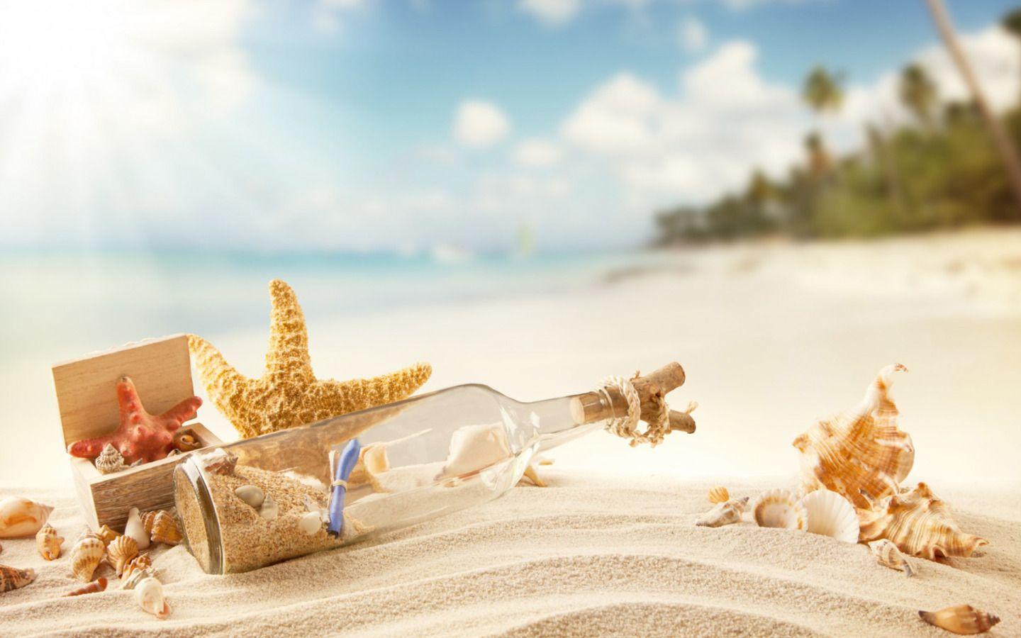 Beach Sea Shell Collection, Bottle, Sand widescreen wallpapers