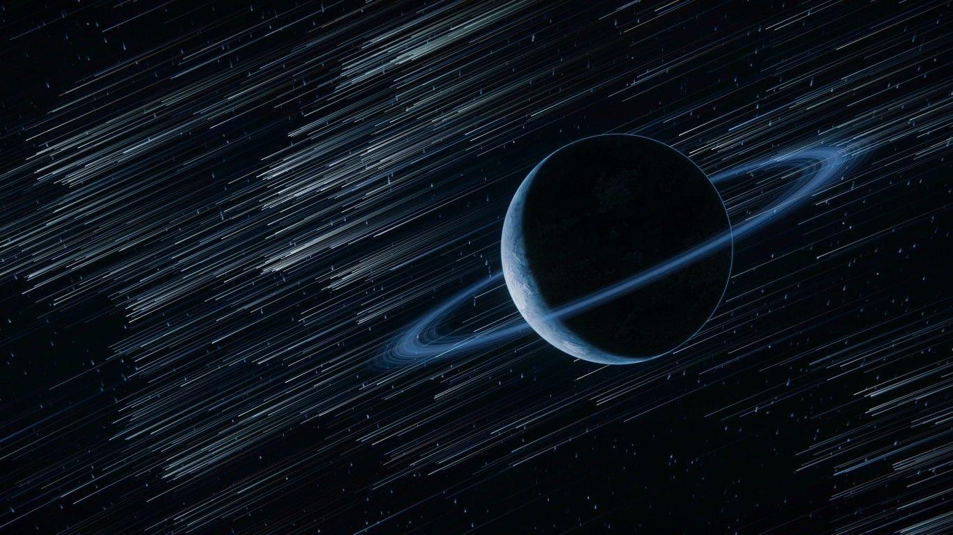 Download 1366x768 Planet, Falling Stars, Galaxy, Ring System