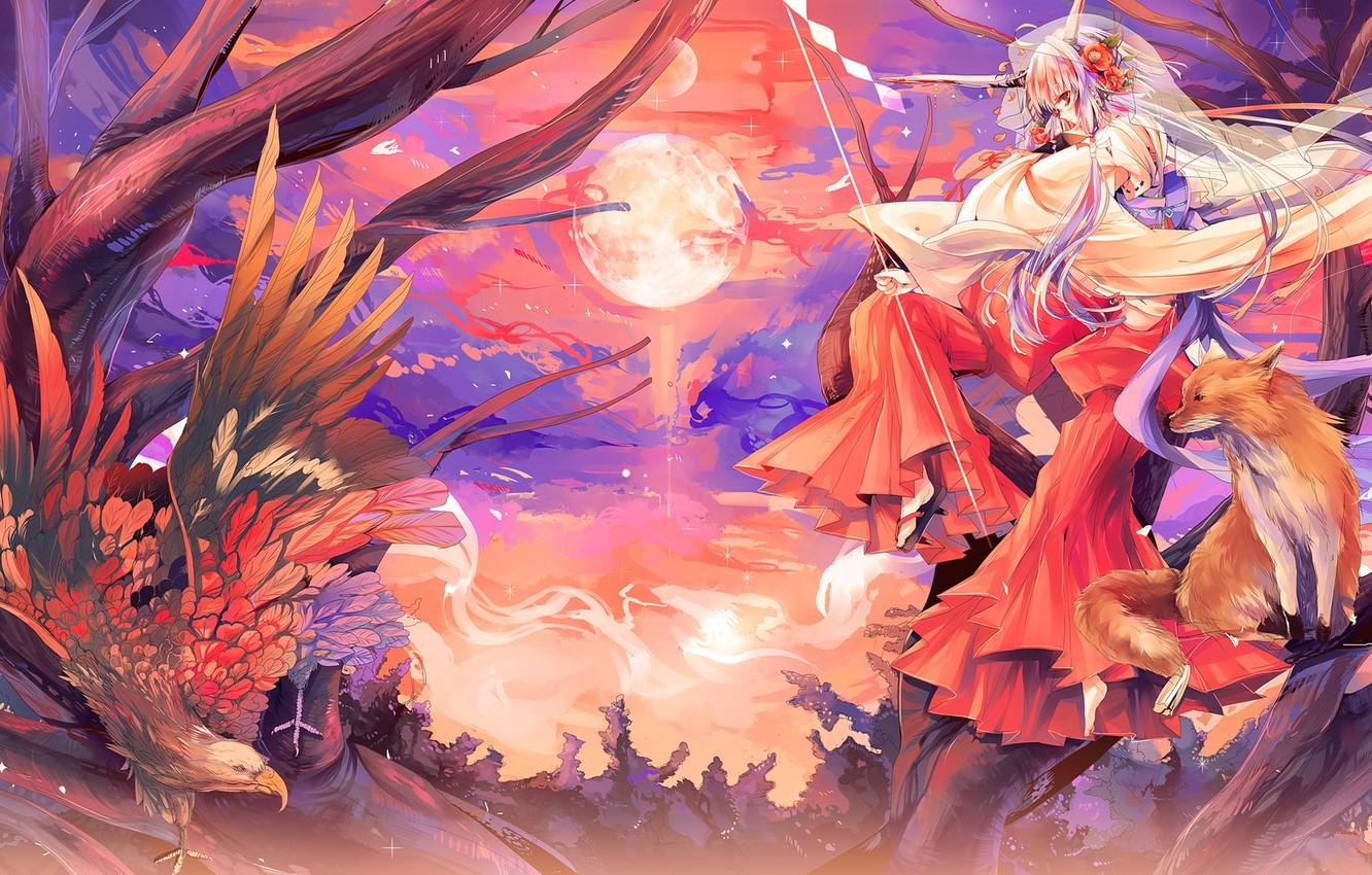 Wallpaper girl, bird, the moon, anime, Fox, eagle, Fox, animals, kitsune image for desktop, section сэйнэн