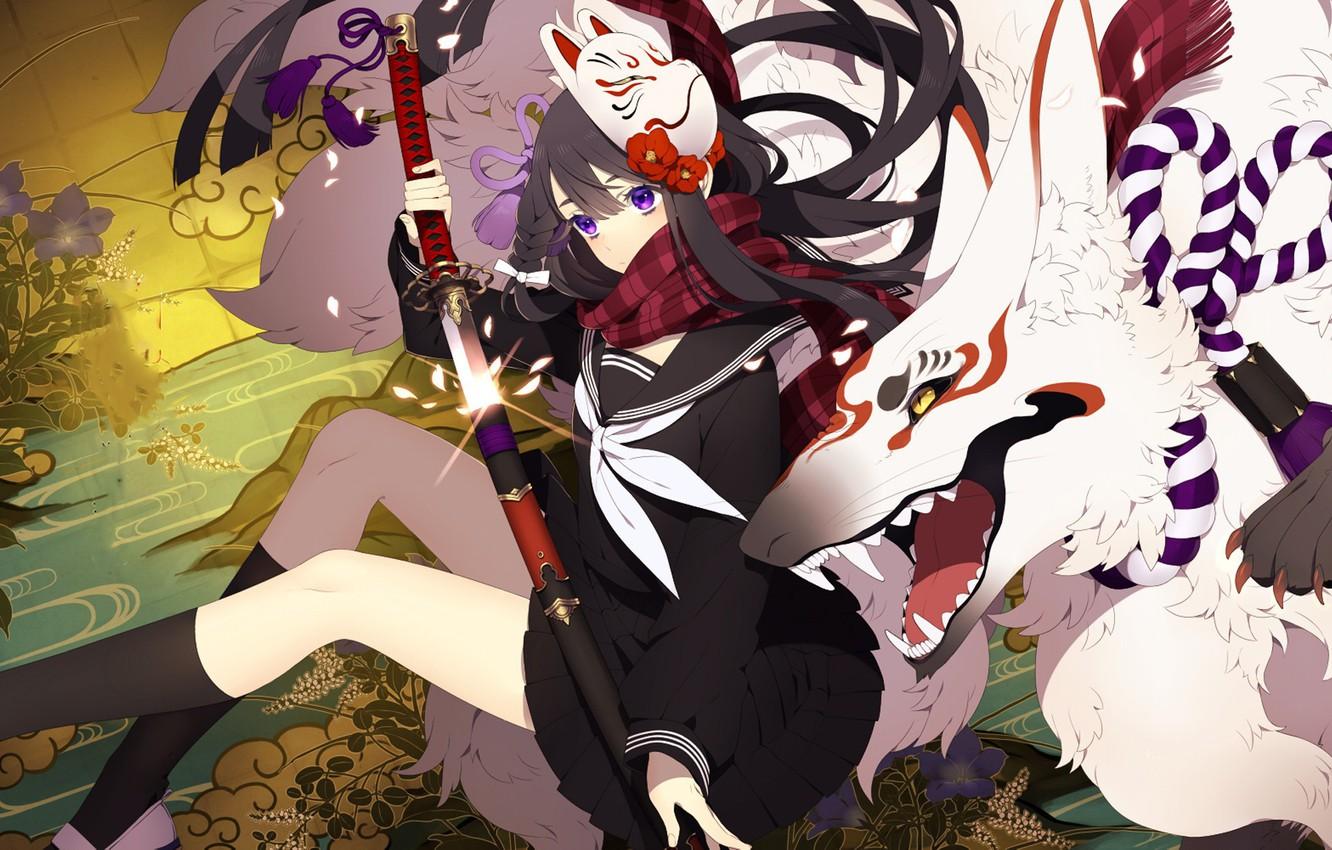 Wallpaper girl, sword, fox, anime, ken, spirit, blade, mask, hunter