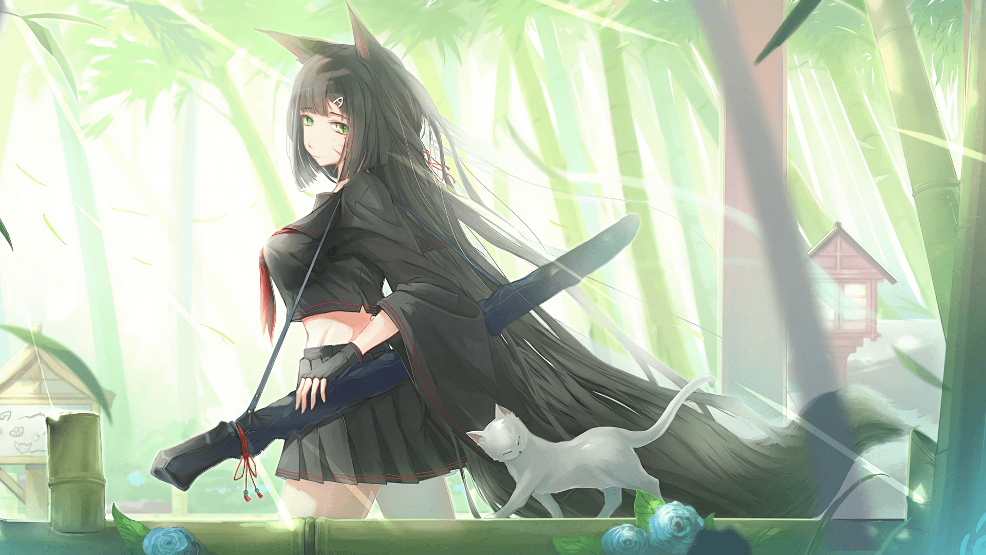 Download 1920x1080 Anime Girl, Fox Girl, Katana, Neko Wallpaper