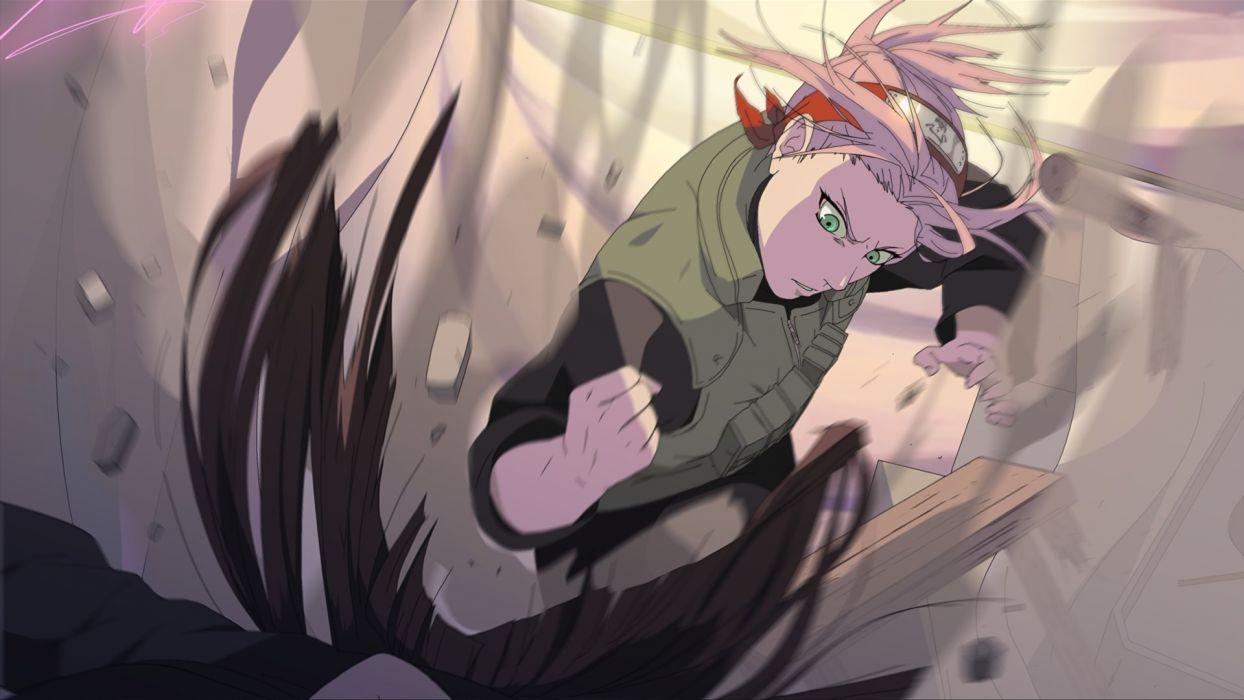 Fighting ninjas Haruno Sakura Naruto: Shippuden green eyes pink hair